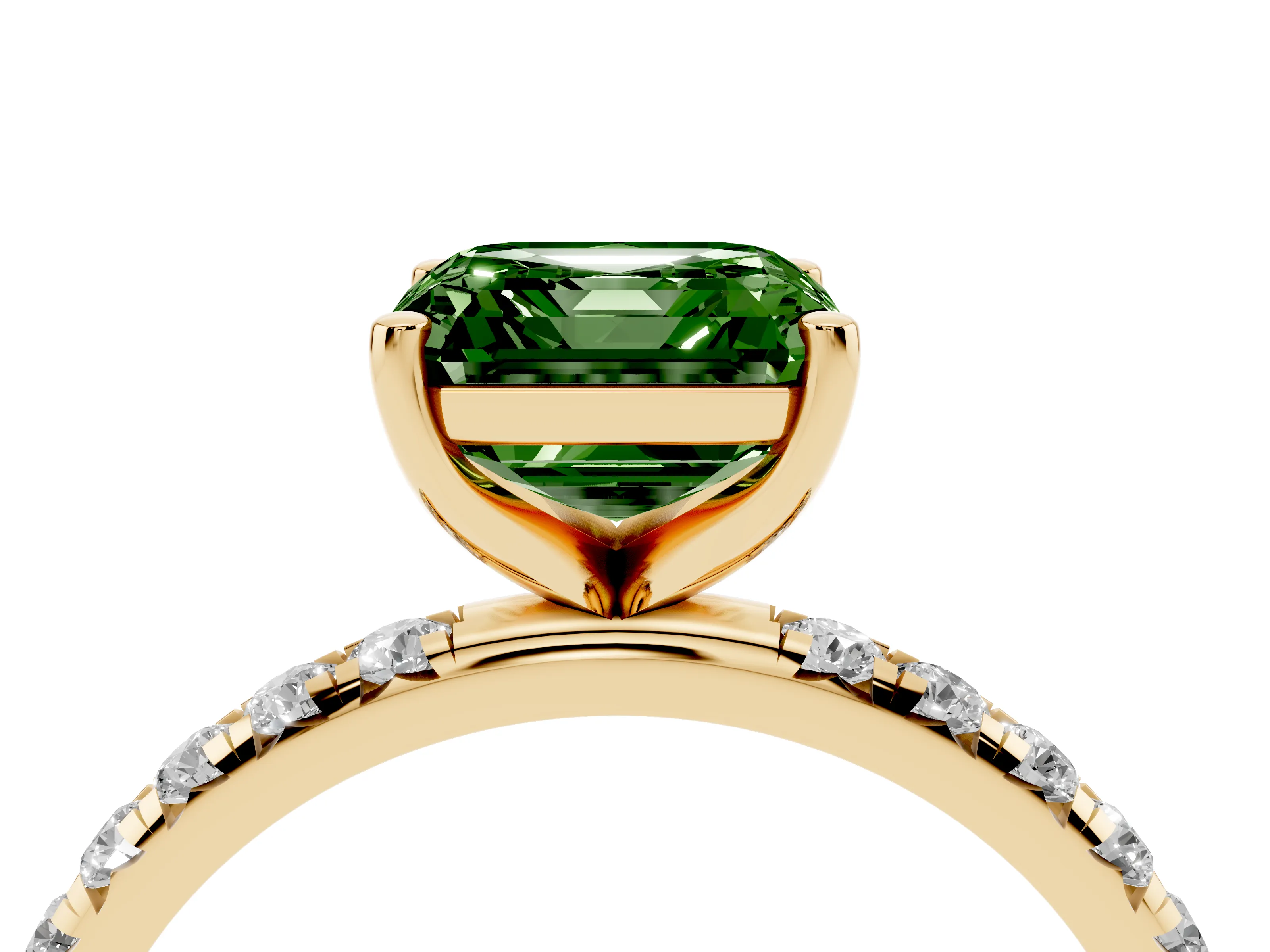 Fancy Green Asscher Cut Diamond Solitaire Ring Set in Yellow gold with Micro Pavé Band and Prong Setting