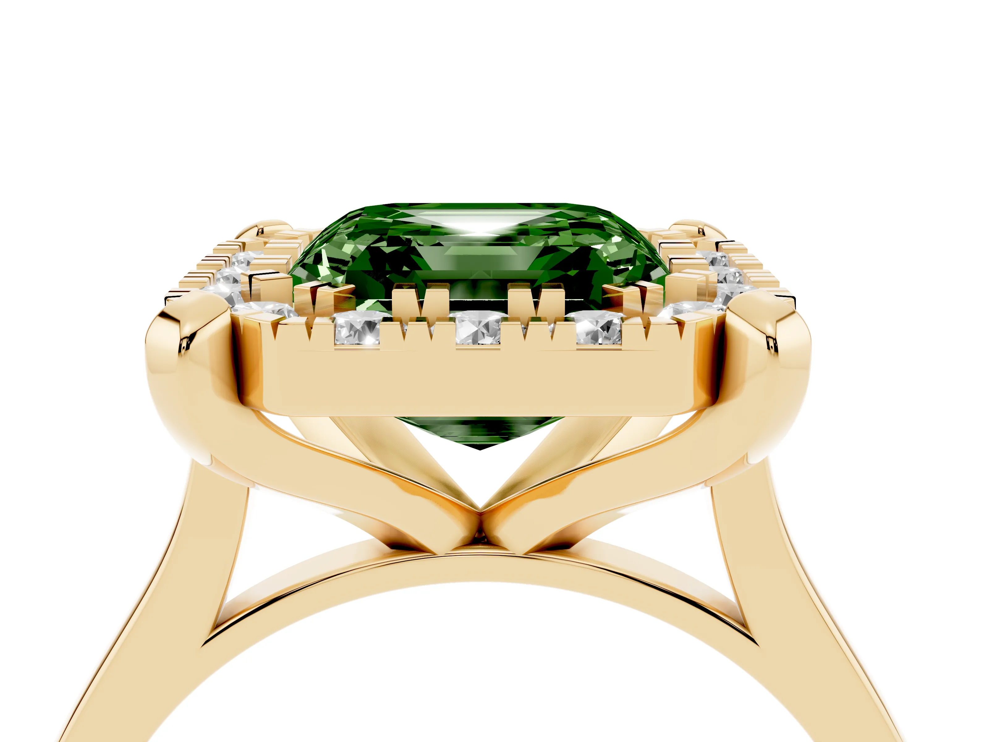 Fancy Green Asscher Cut Diamond Cluster Halo Solitaire Ring Set in Yellow gold with Prong Setting