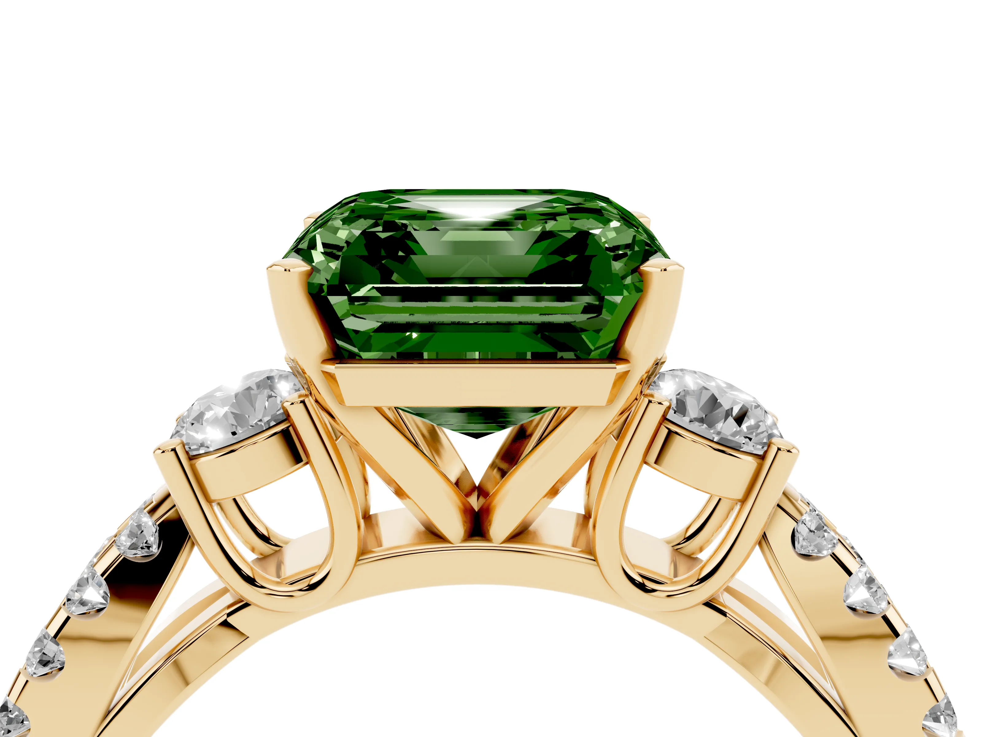 Fancy Green Asscher Cut Diamond Three-Stone Ring Set in Yellow gold with Pavé Split Shank and Prong Setting