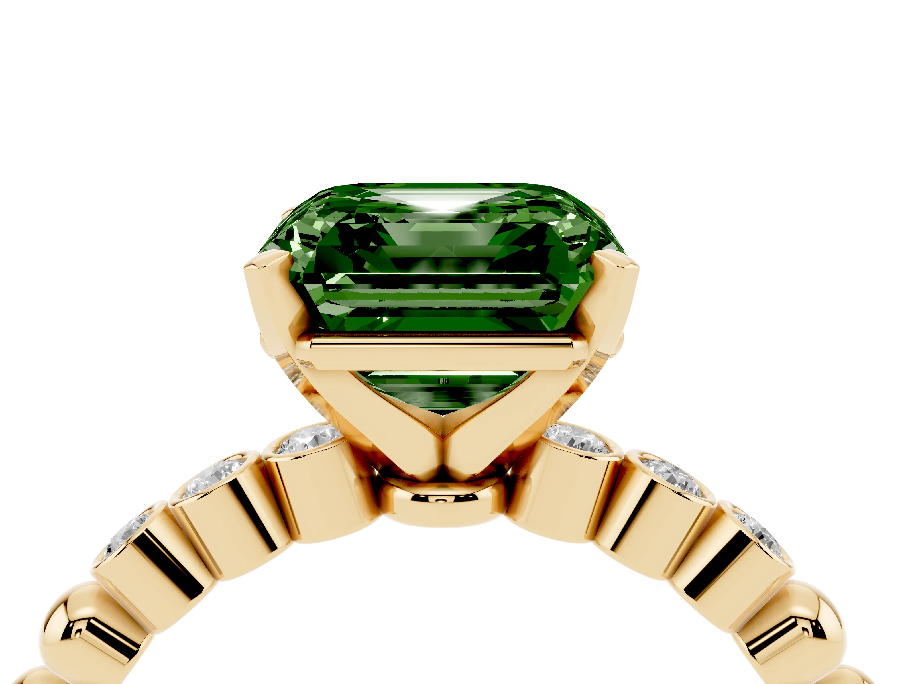 Fancy Green Asscher Cut Diamond Solitaire Engagement Ring Set in Yellow gold with Bezel Accents on Beaded Band