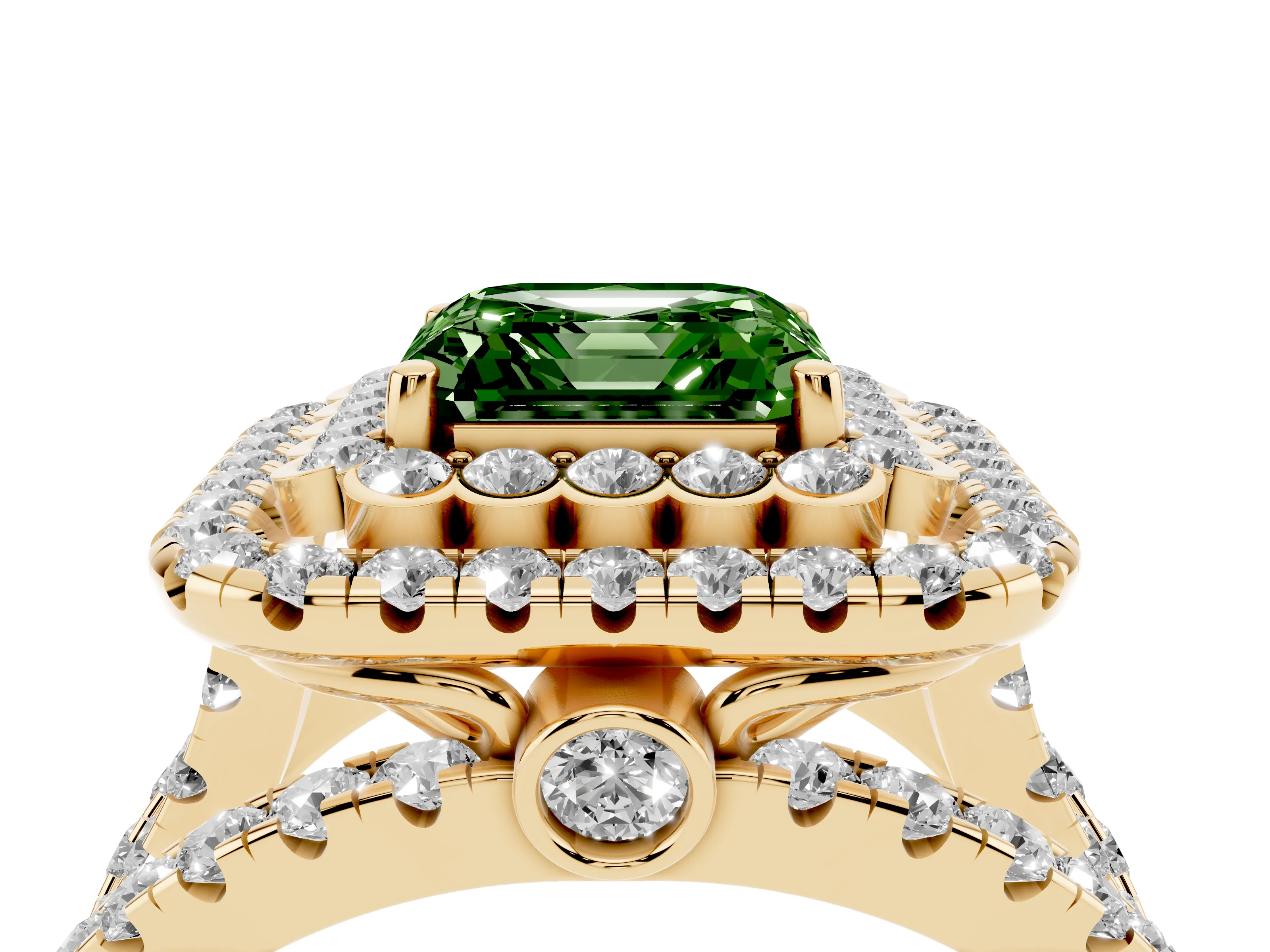 Fancy Green Asscher Cut Diamond Double Halo Ring Set in Yellow gold with Round Pavé Split Shank