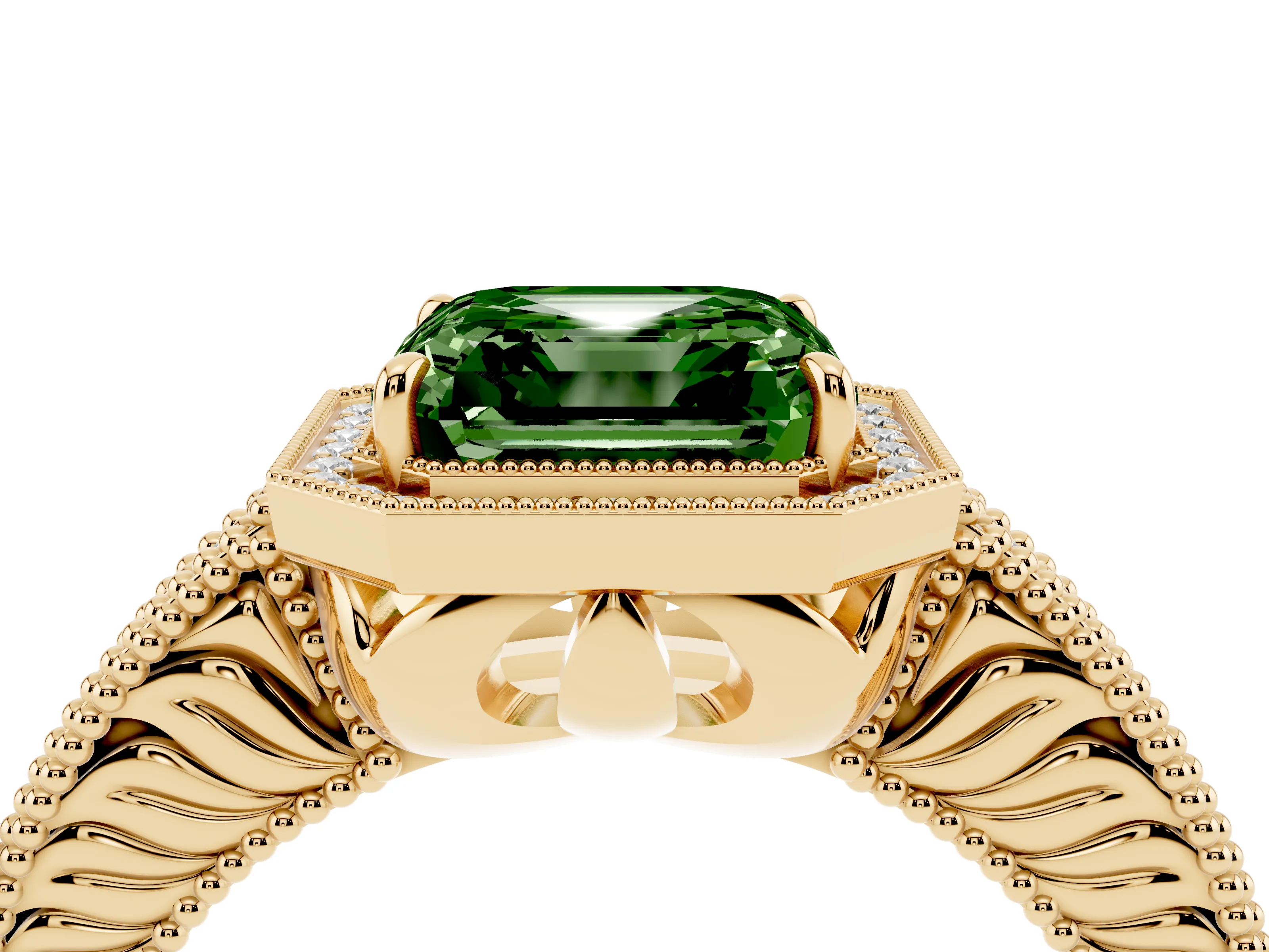 Fancy Green Asscher Cut Diamond Halo Ring Set in Yellow gold with Round Accent Halo, Pavé Band and Prong Setting