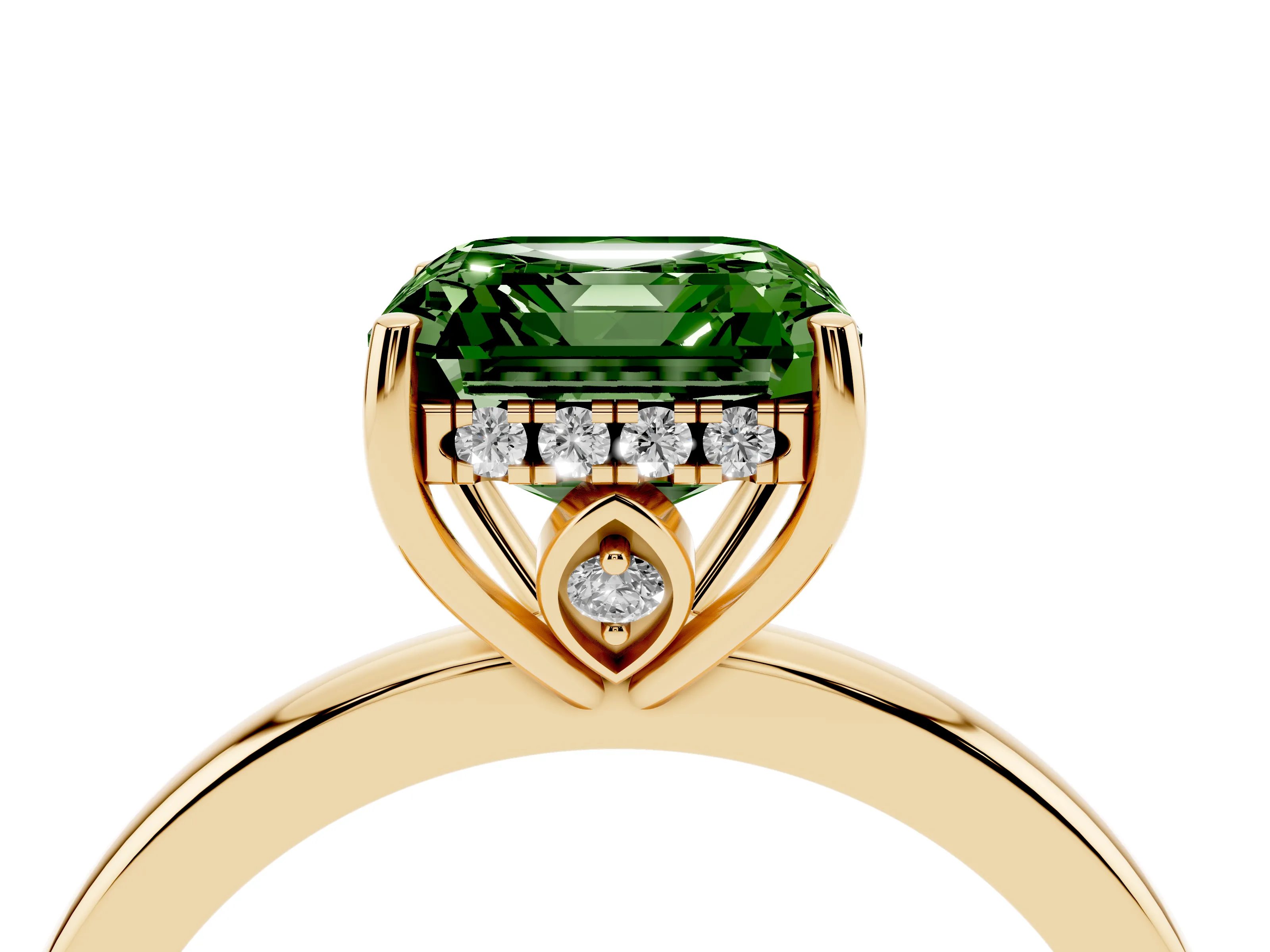 Fancy Green Asscher Cut Diamond Solitaire Ring Set in Yellow gold with Plain Band and Prong Setting