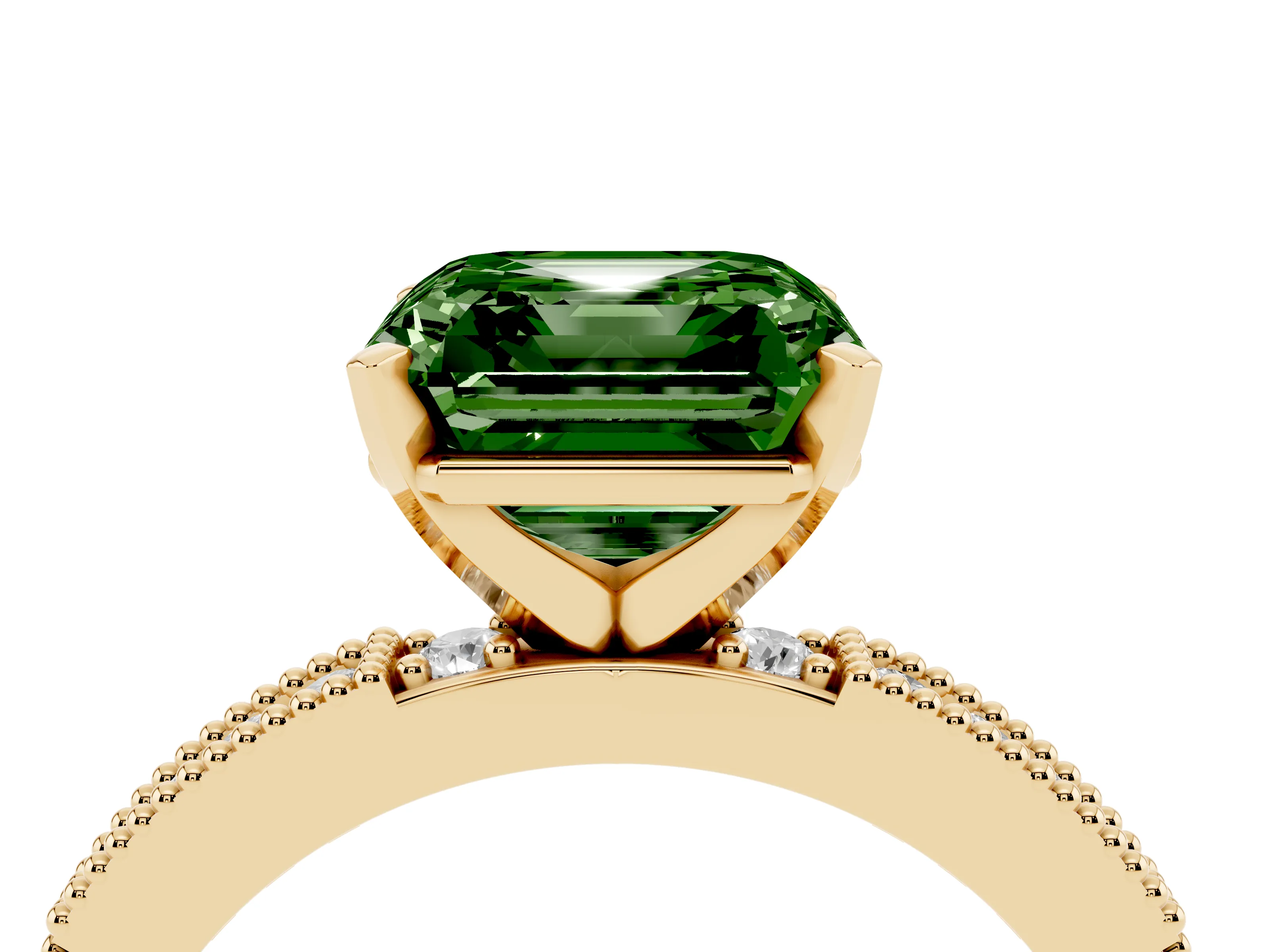 Fancy Green Asscher Cut Diamond Solitaire Ring Set in Yellow gold with Slim Pavé Band and Prong Setting