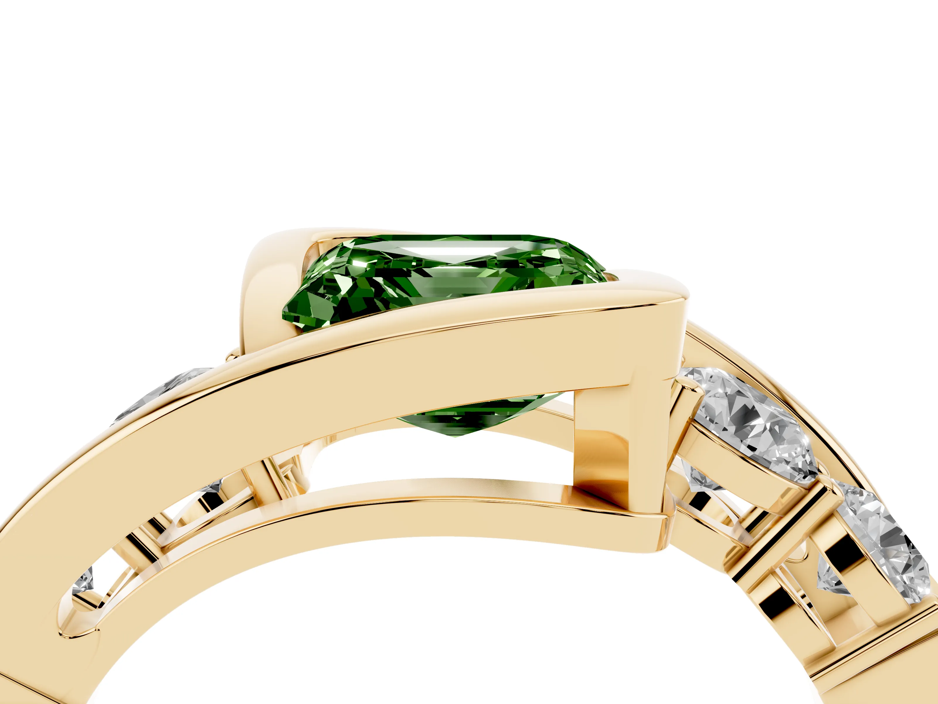 Fancy Green Asscher Cut Diamond Bezel Bypass Ring Set in Yellow gold with Round Accents