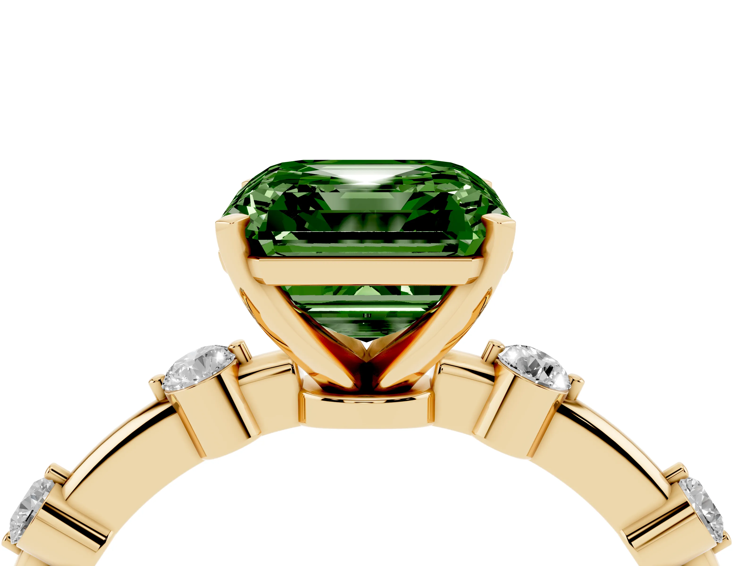 Fancy Green Asscher Cut Diamond Solitaire Ring Set in Yellow gold with Bezel Set Side Stones and Prong Setting