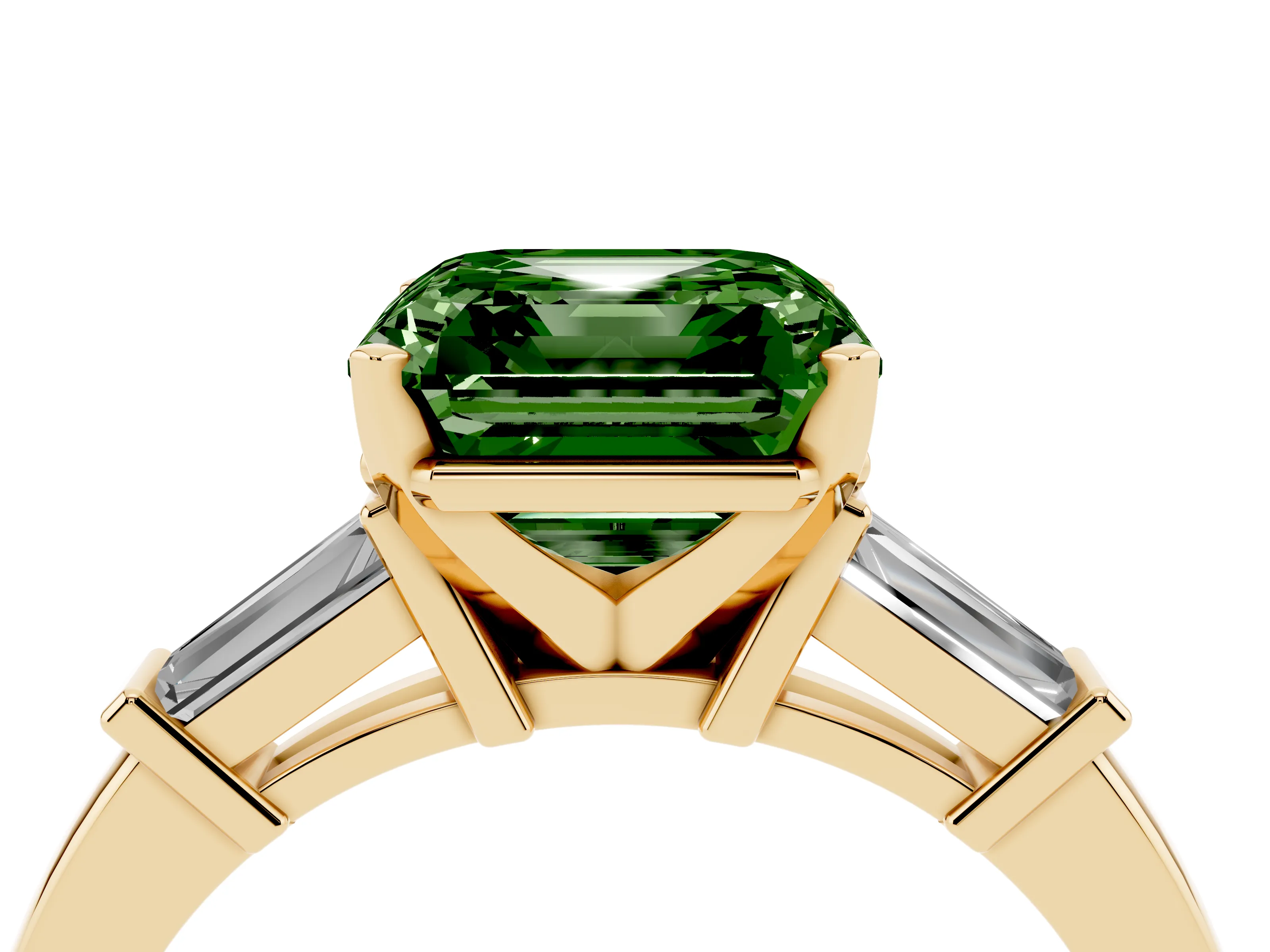 Fancy Green Asscher Cut Diamond Solitaire Ring Set in Yellow gold with Tapered Baguette Accents and Prong Setting