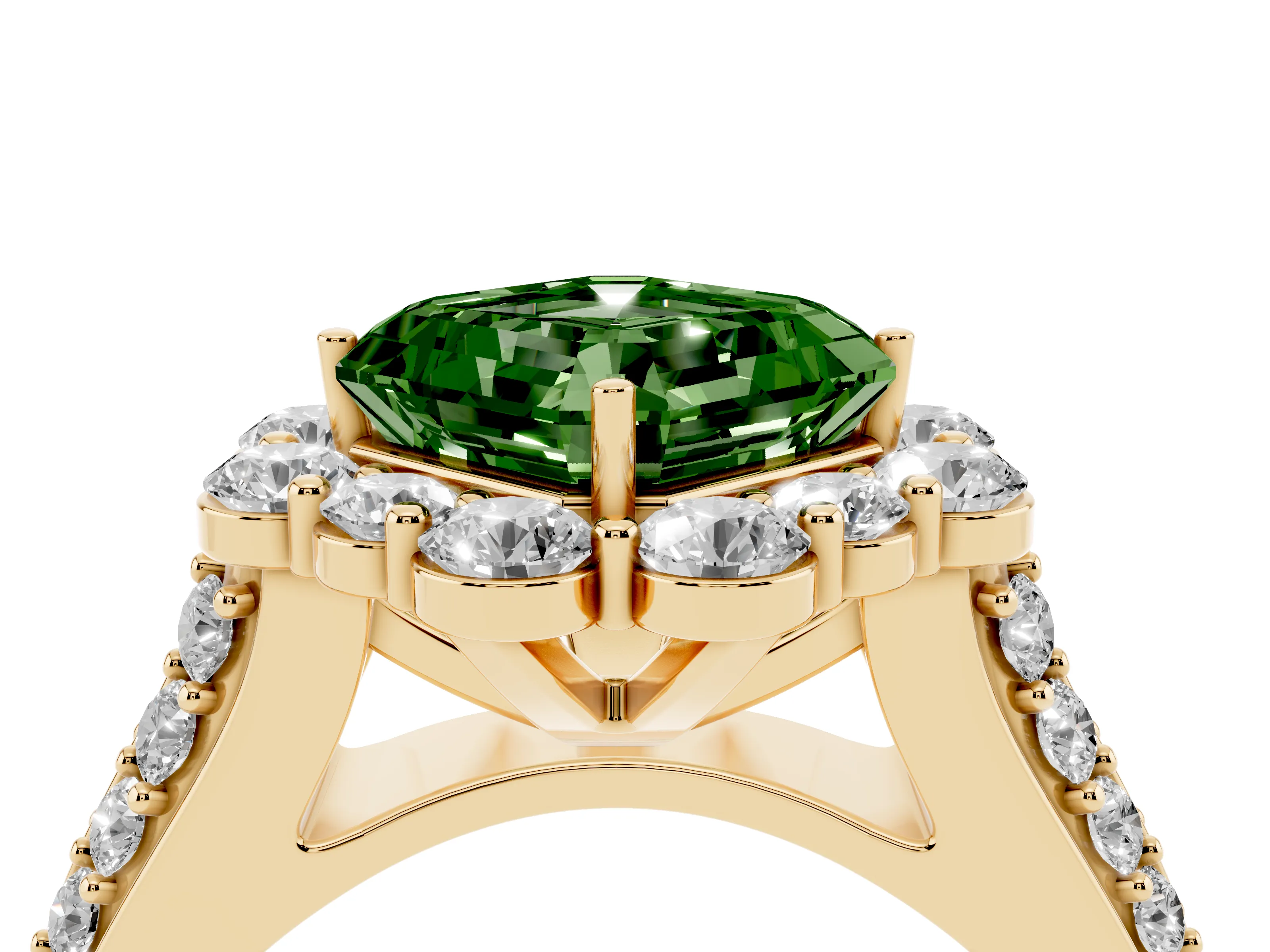 Fancy Green Asscher Cut Diamond Halo Engagement Ring Set in Yellow gold with Split Shank and Prong Setting