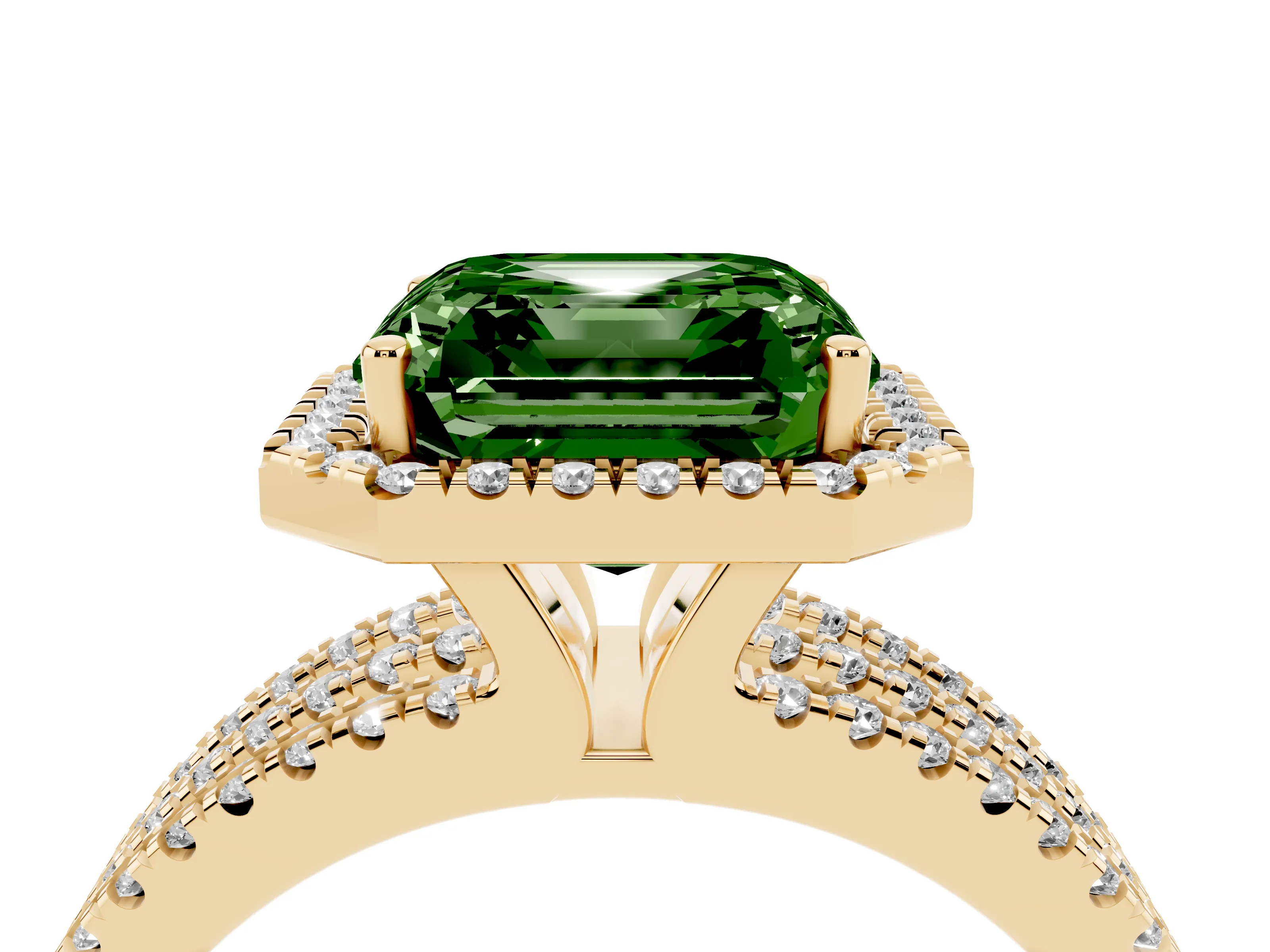 Fancy Green Asscher Cut Diamond Halo Split Shank Engagement Ring Set in Yellow gold with Prong Setting