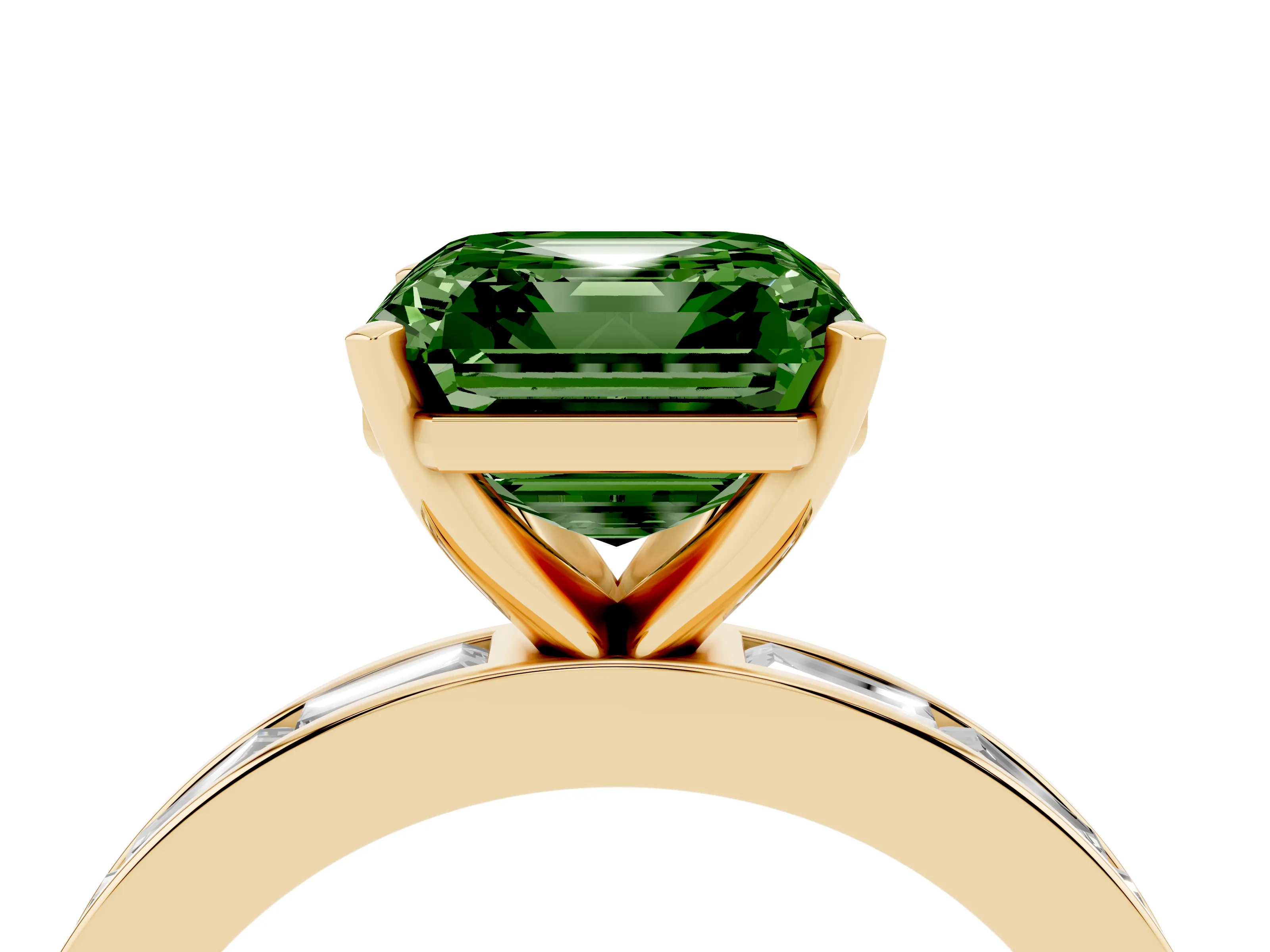 Fancy Green Asscher Cut Diamond Solitaire Ring Set in Yellow gold with Channel-Set Baguette Band and Prong Setting