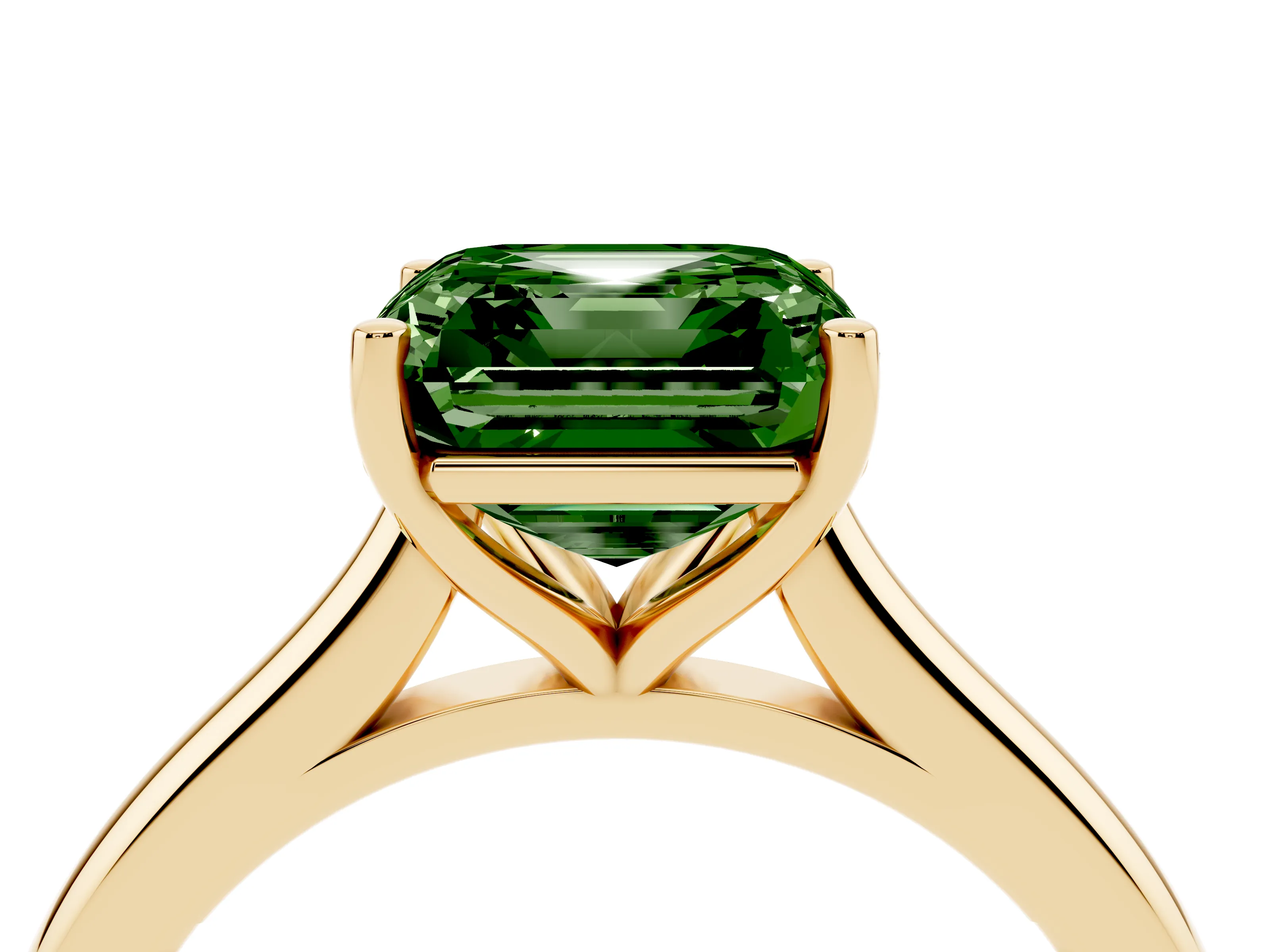 Fancy Green Asscher Cut Diamond Solitaire Ring Set in Yellow gold with Cathedral Band and Prong Setting