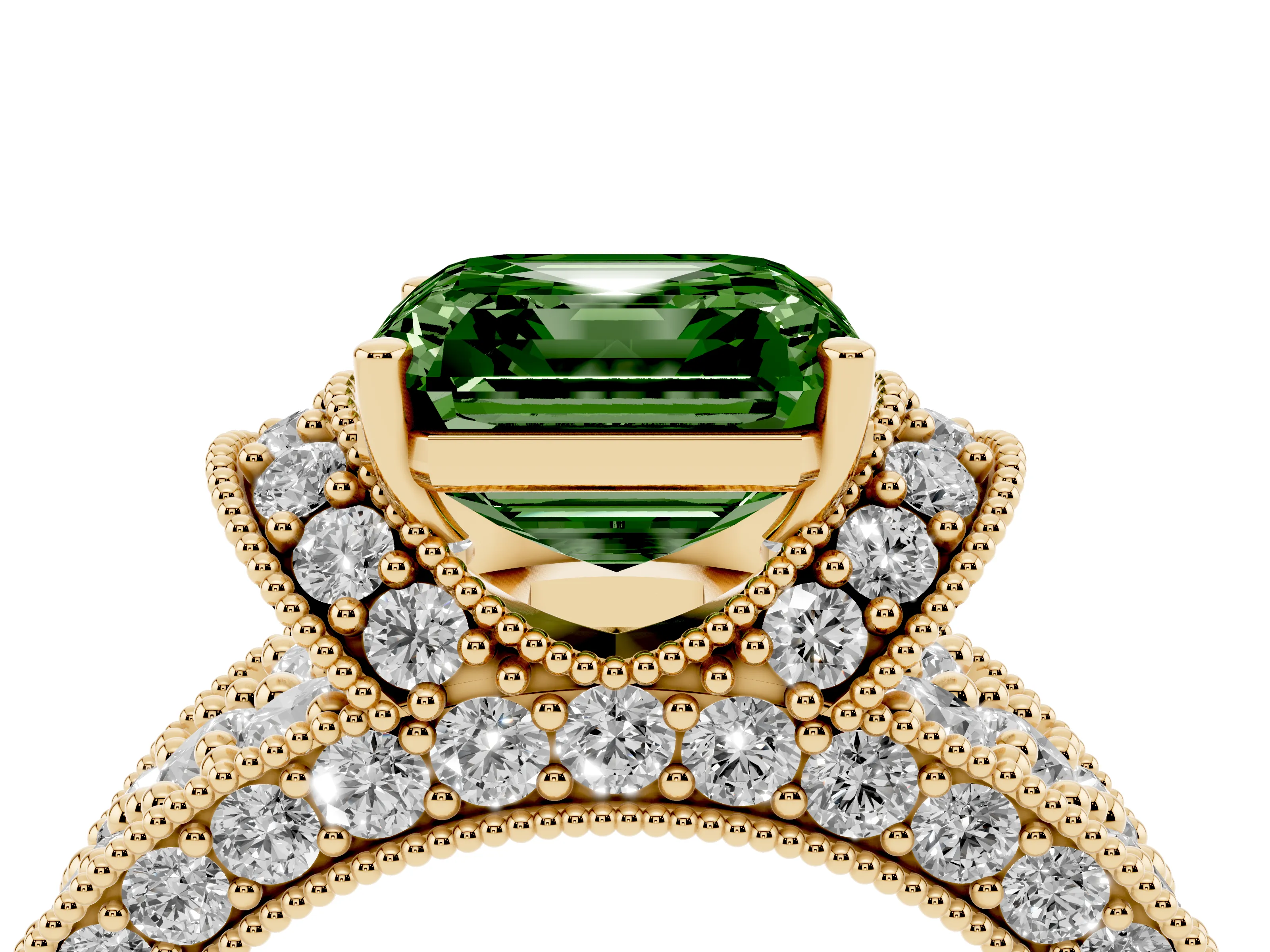 Fancy Green Asscher Cut Diamond Milgrain Halo Pavé Engagement Ring Set in Yellow gold with Prong Setting