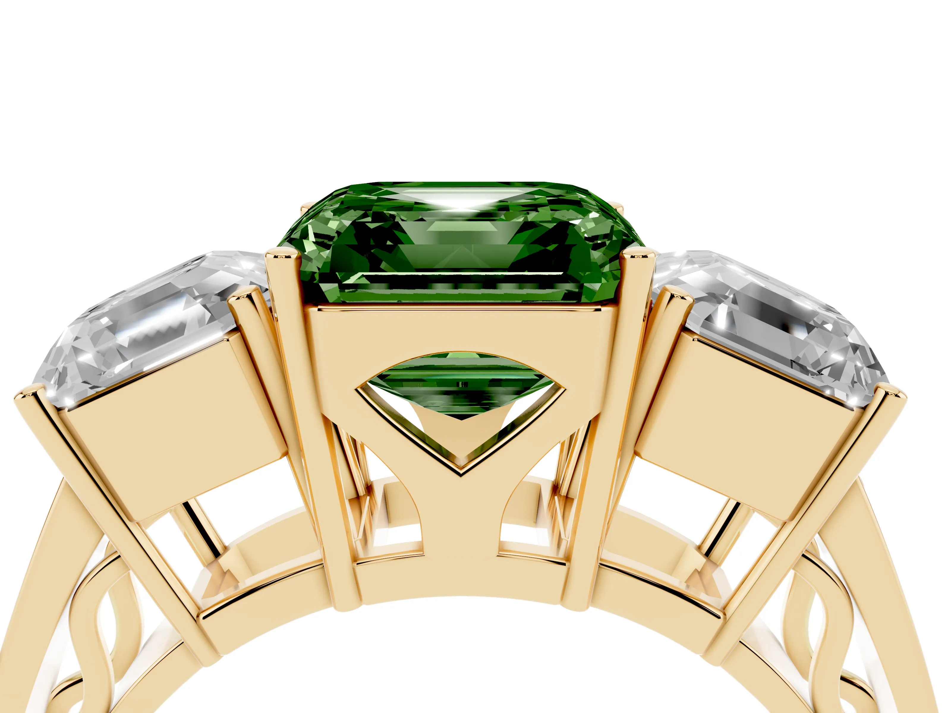 Fancy Green Asscher Cut Diamond Three-Stone Ring Set in Yellow gold with Textured Band