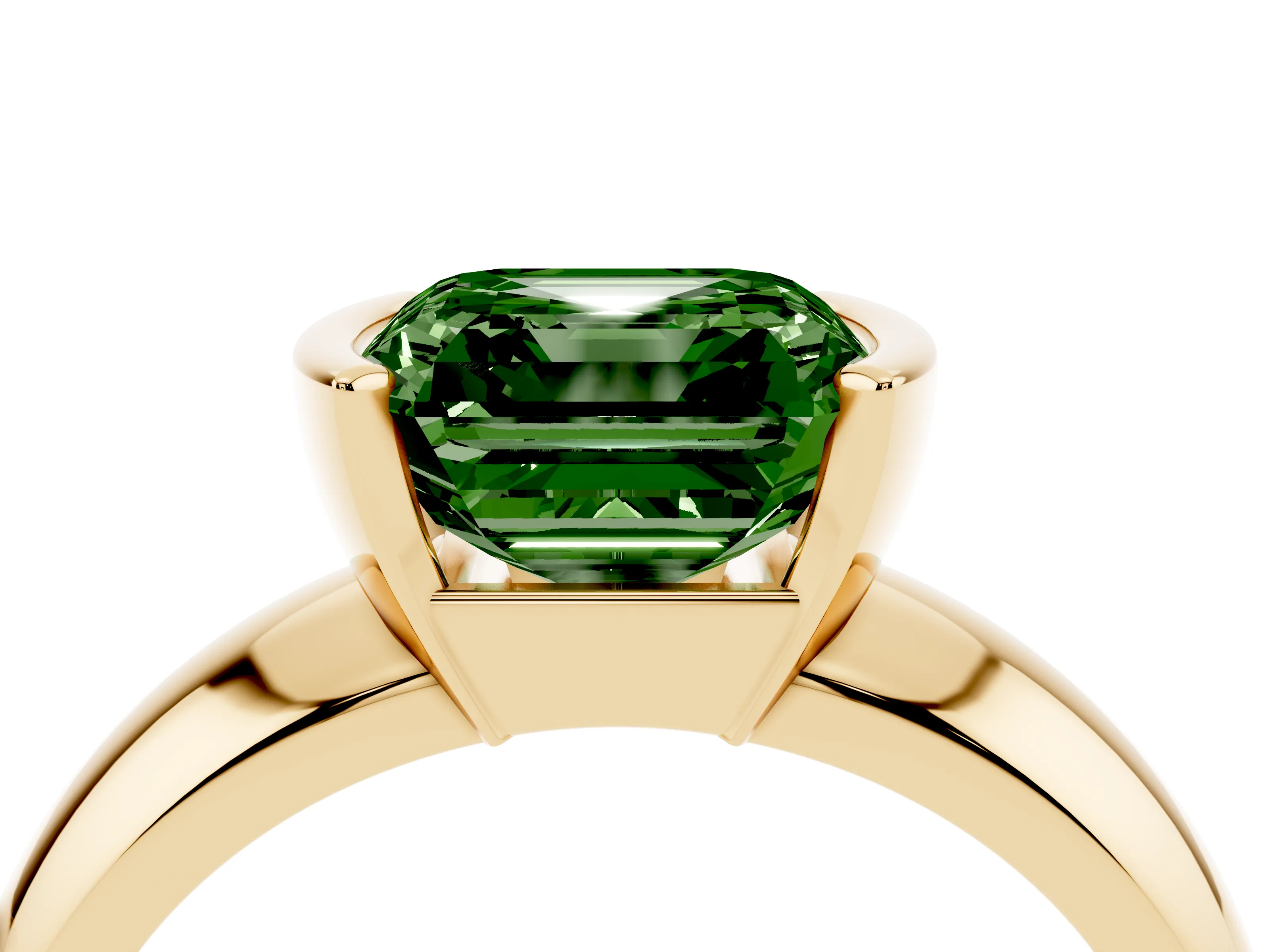 Fancy Green Asscher Cut Diamond Solitaire Tension Set Ring Set in Yellow gold with Wide Band