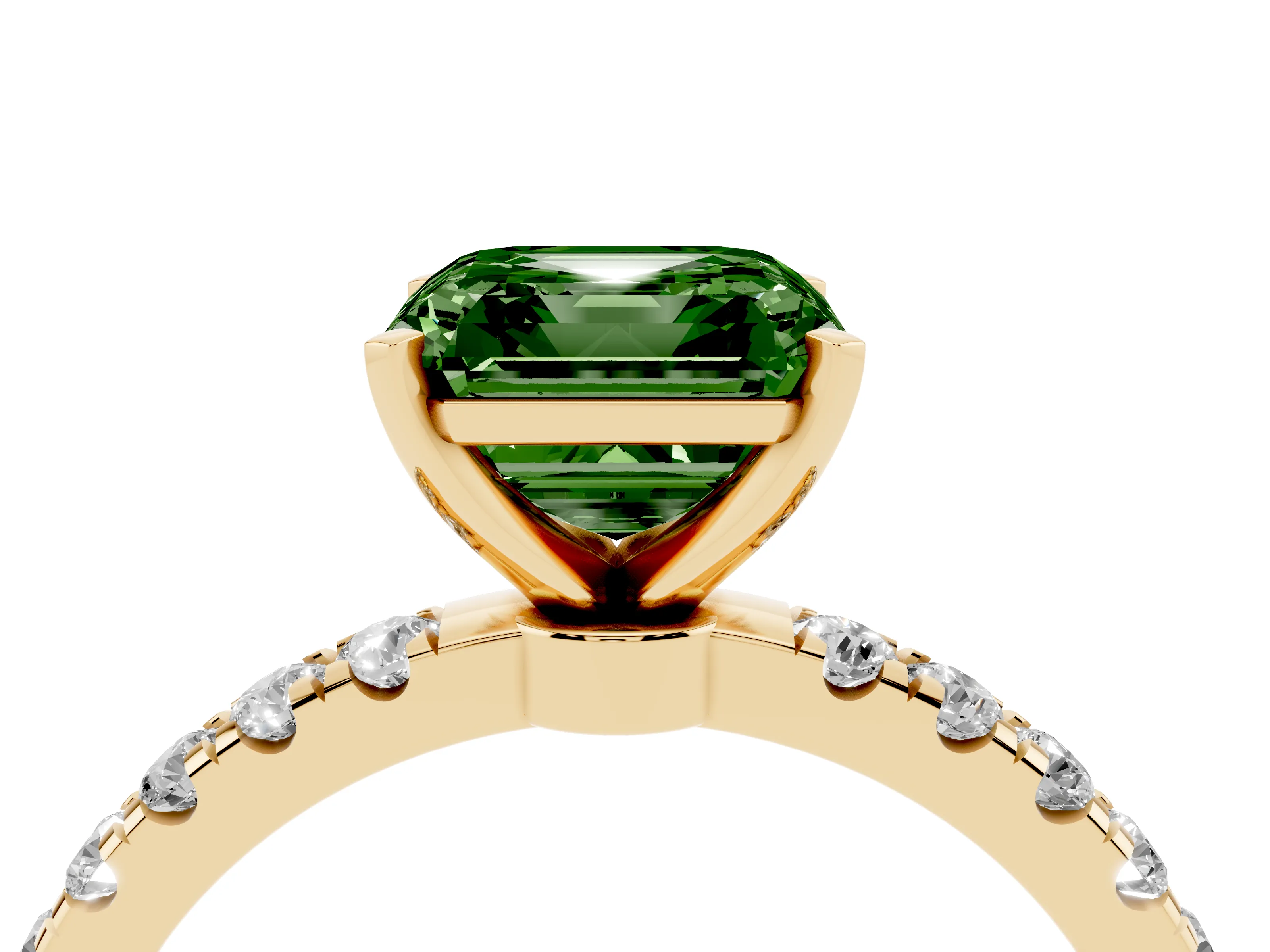 Fancy Green Asscher Cut Diamond Solitaire Ring Set in Yellow gold with Pavé Accents and Prong Setting