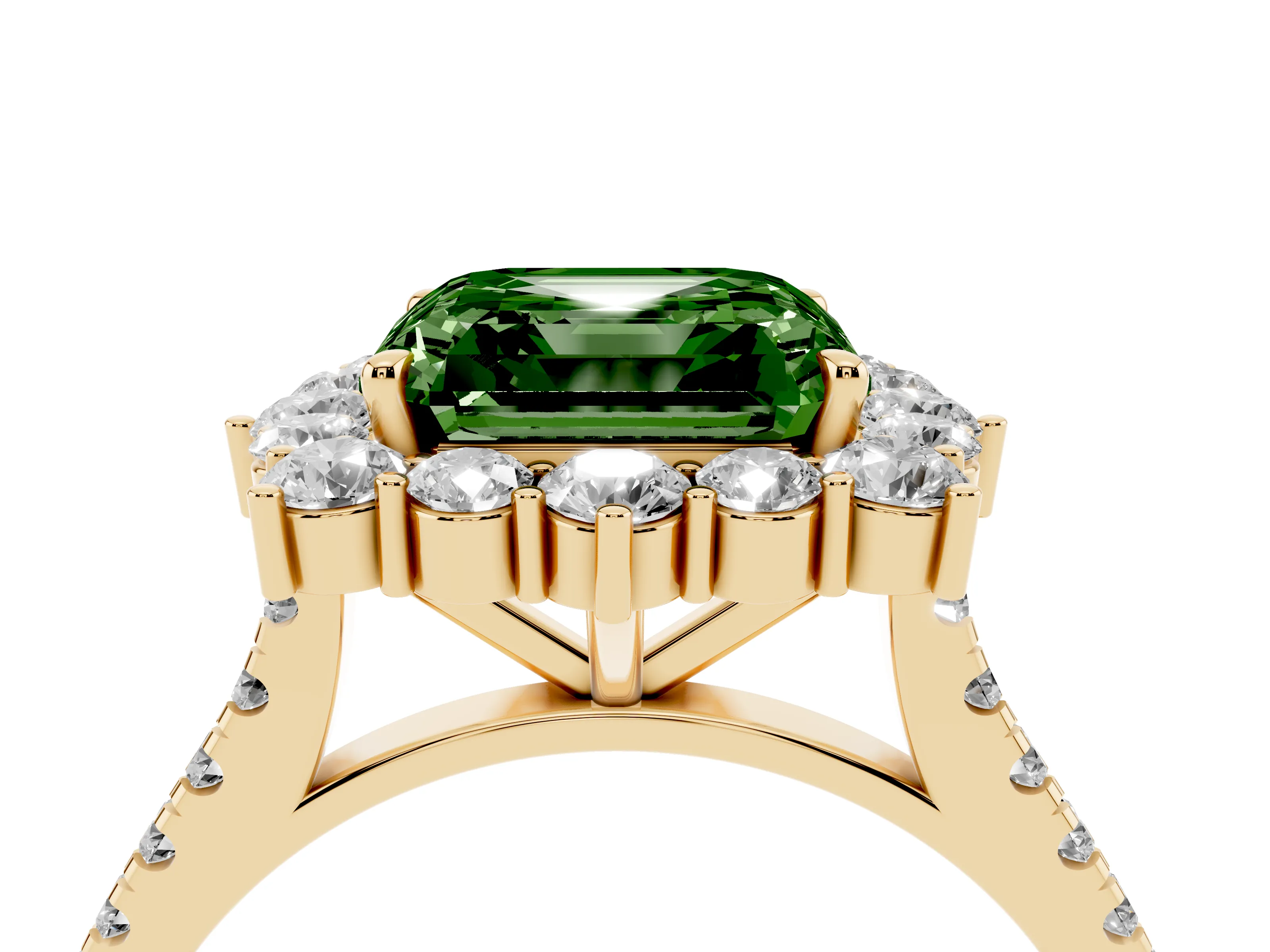 Fancy Green Asscher Cut Diamond Halo Ring Set in Yellow gold with Pavé Band and Prong Setting
