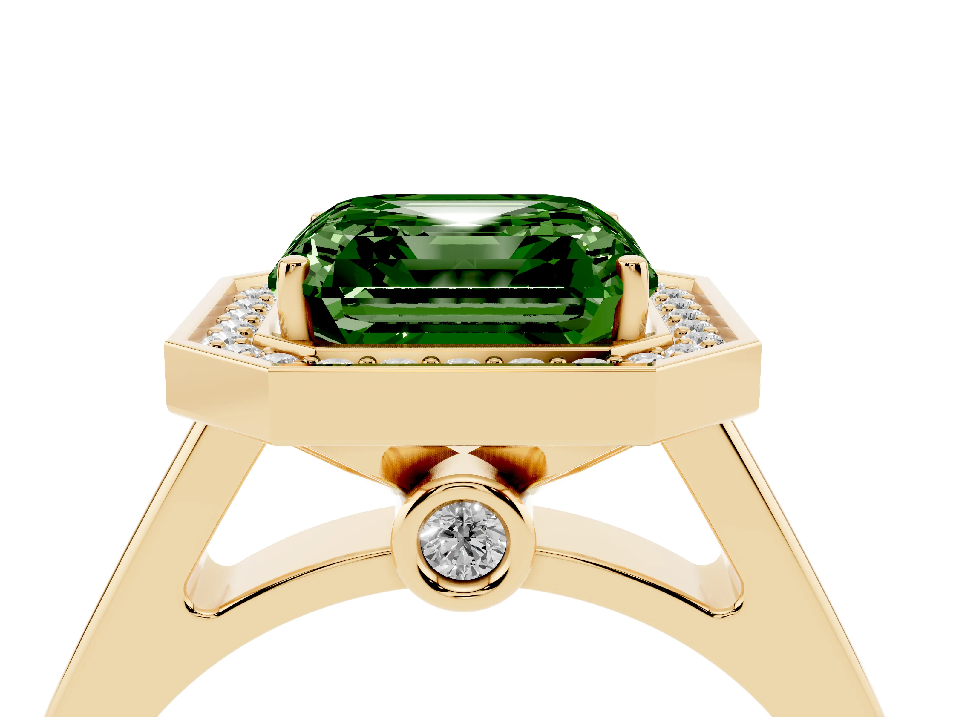 Fancy Green Asscher Cut Diamond Halo Solitaire Ring Set in Yellow gold with Pavé Band and Bezel Setting