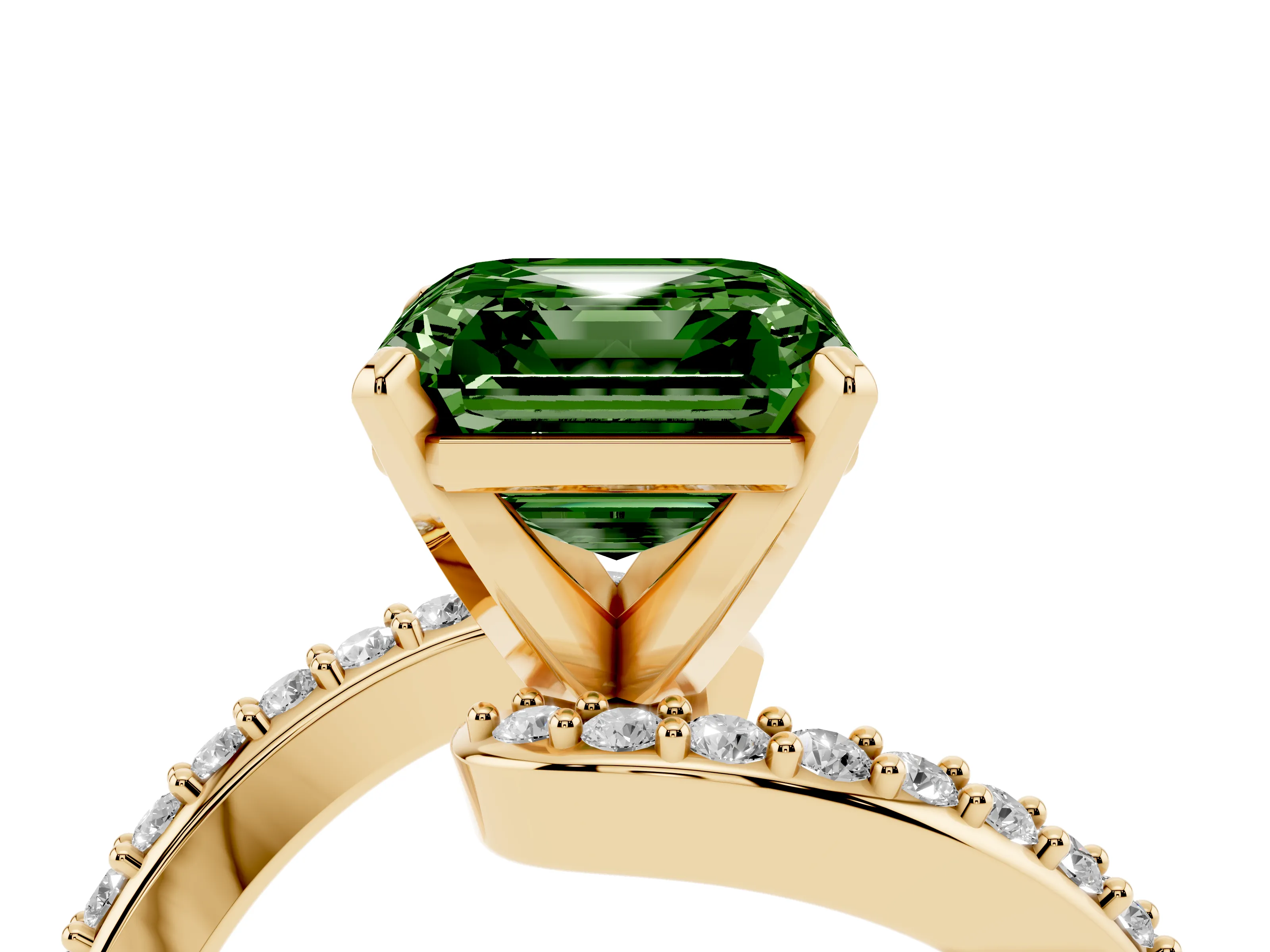 Fancy Green Asscher Cut Diamond Solitaire Ring Set in Yellow gold with Pavé Twist Band and Prong Setting