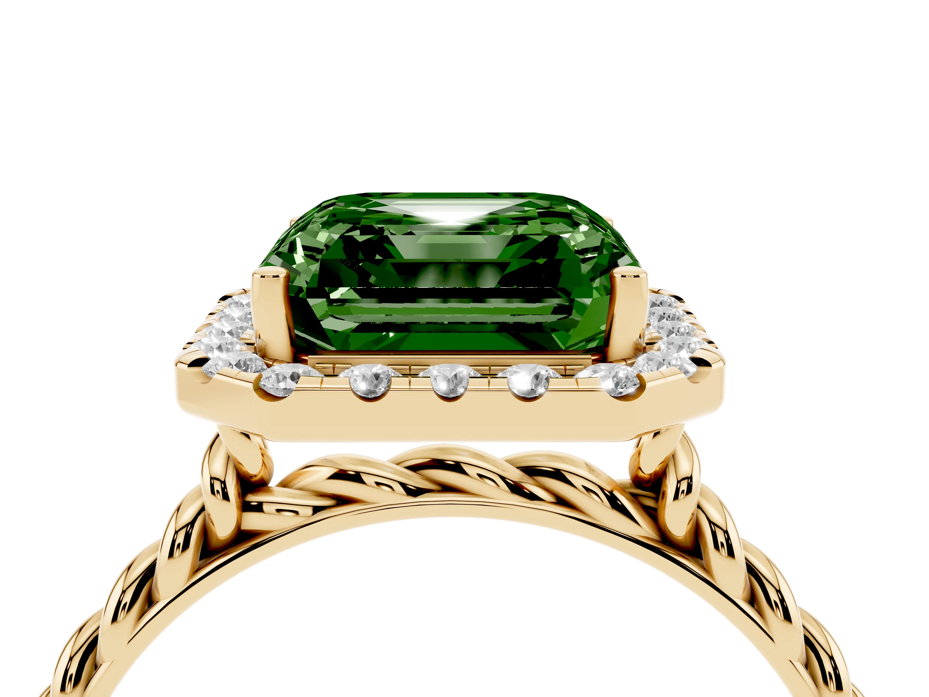 Fancy Green Asscher Cut Diamond Halo Ring Set in Yellow gold with Plain Twisted Band