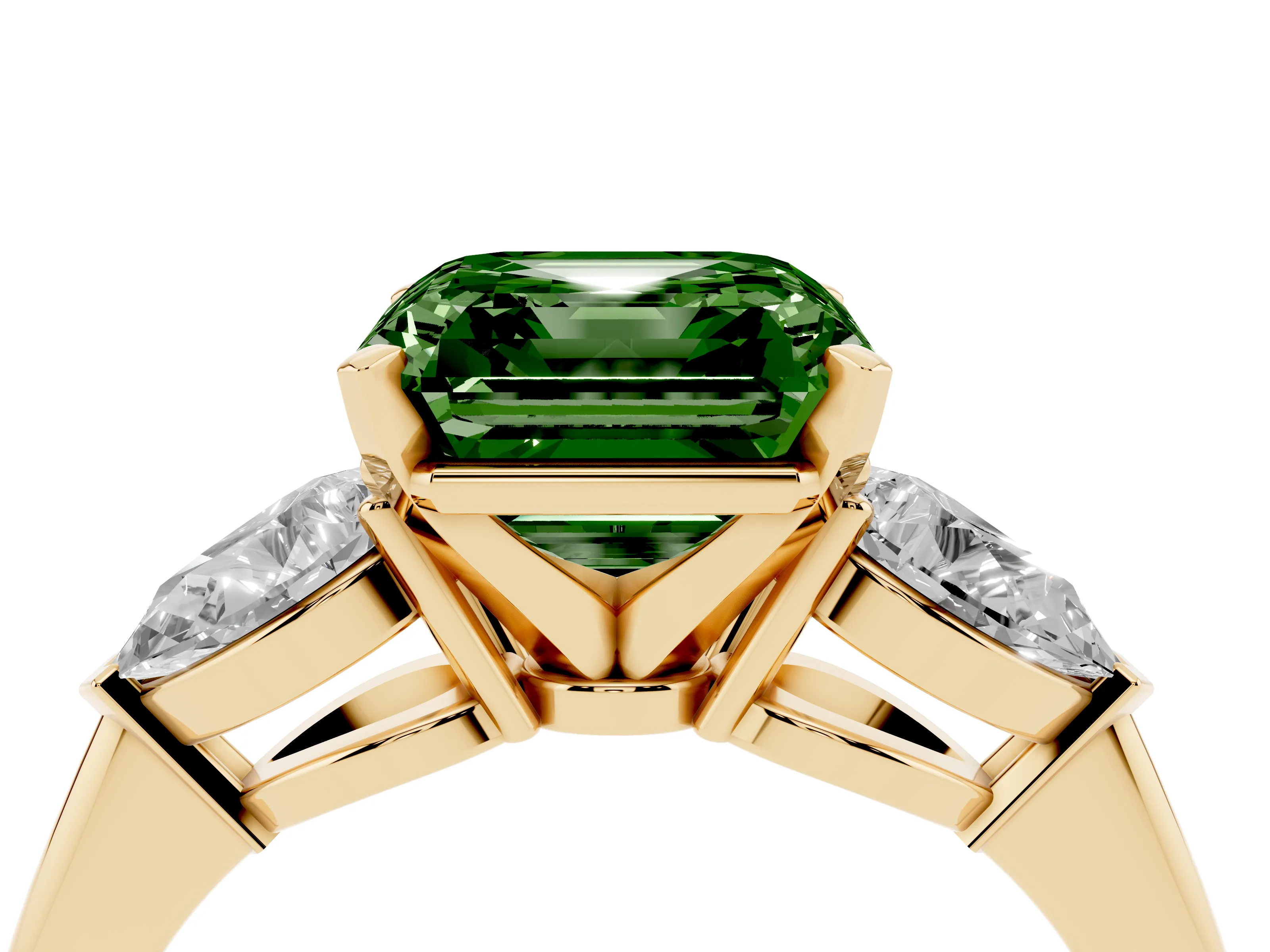 Fancy Green Three-Stone Asscher Cut Diamond Ring Set in Yellow gold with Pear Side Stones and Prong Setting