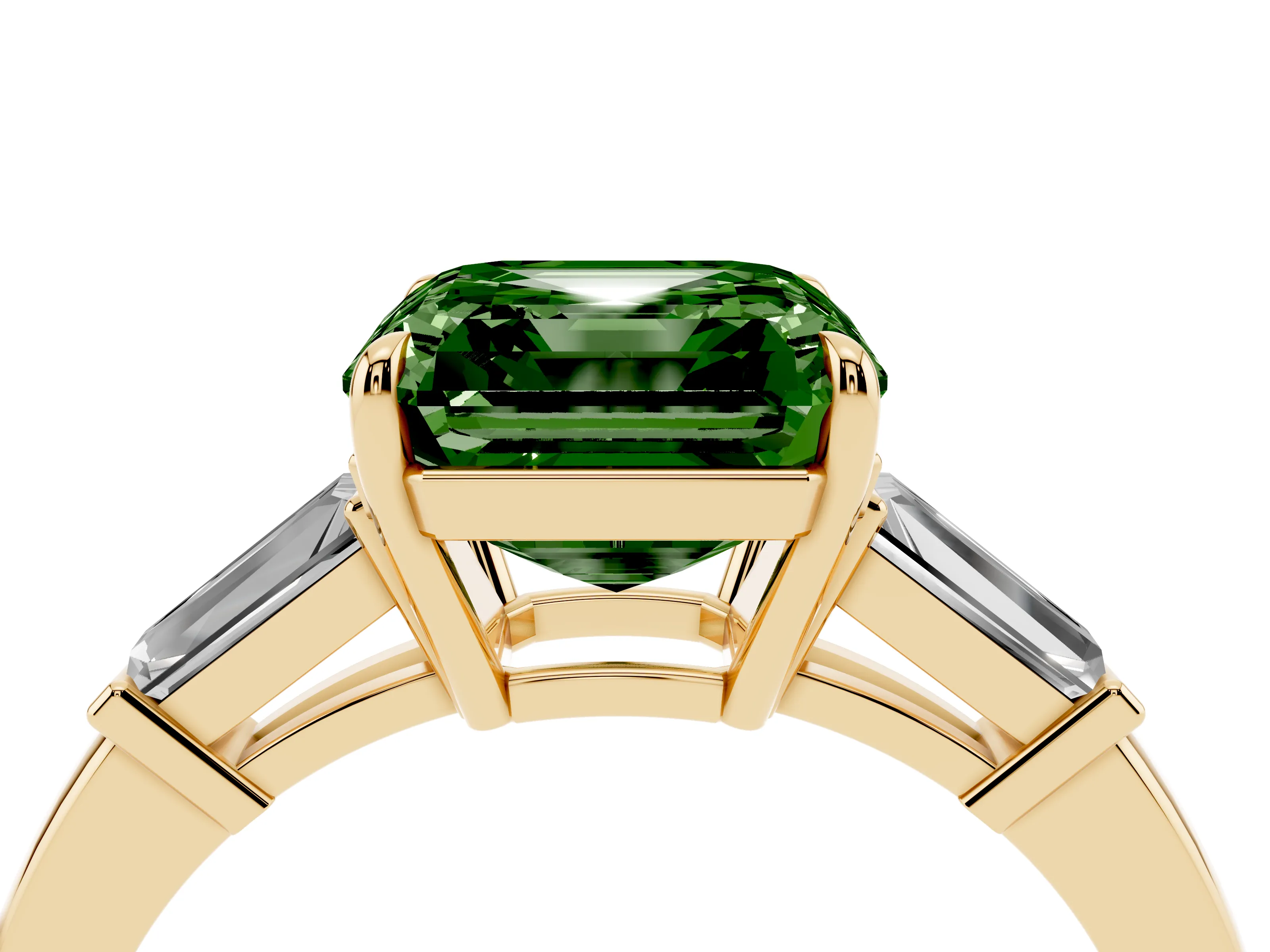 Fancy Green Asscher Cut Diamond Three-Stone Ring Set in Yellow gold with Tapered Baguette Side Stones and Prong Setting
