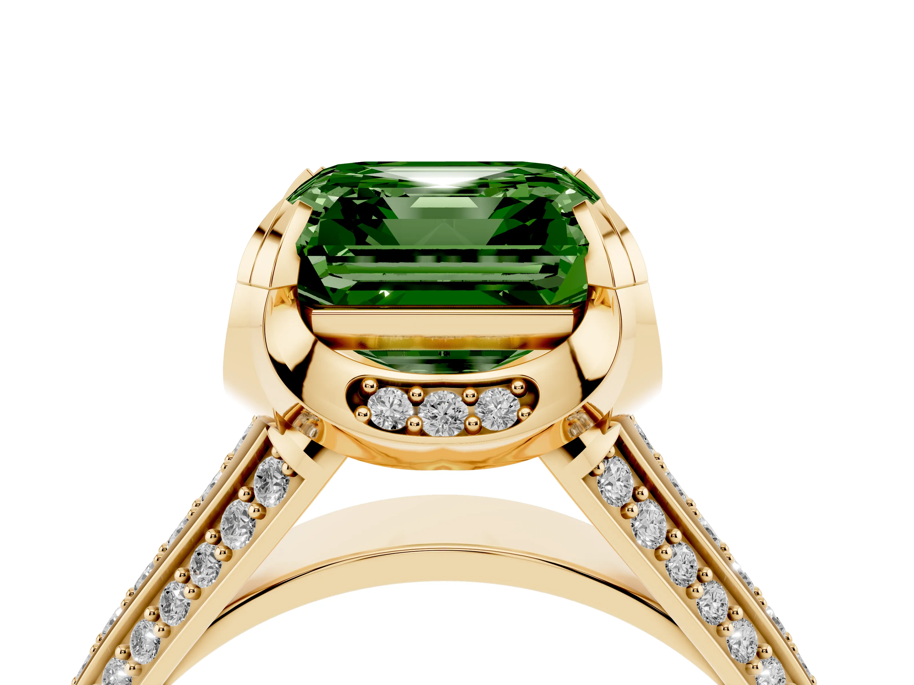 Fancy Green Asscher Cut Diamond Pavé Split Shank Solitaire Ring Set in Yellow gold with Prong Setting