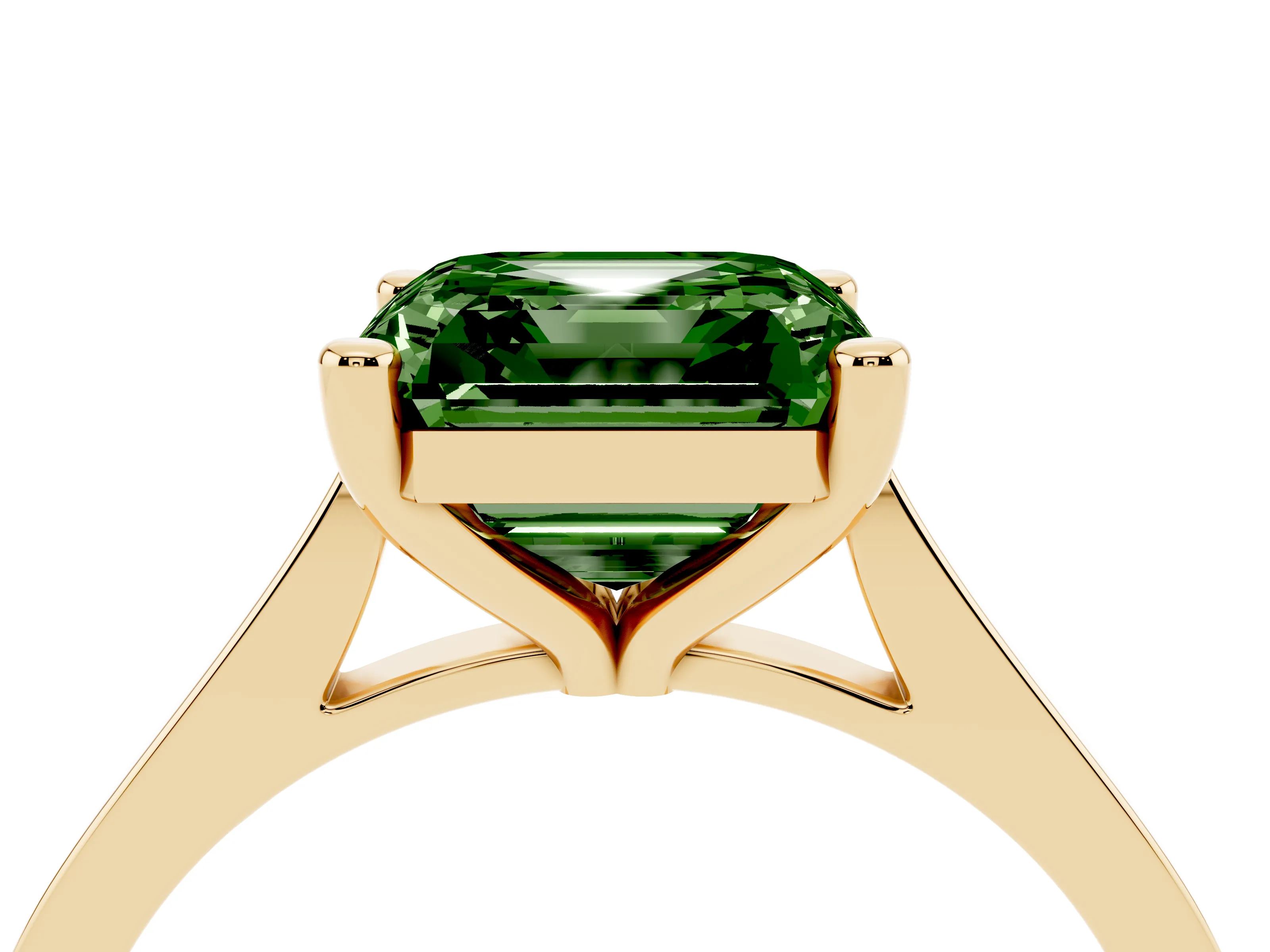Fancy Green Asscher Cut Diamond Solitaire Ring Set in Yellow gold with Prong Setting and Tapered Band