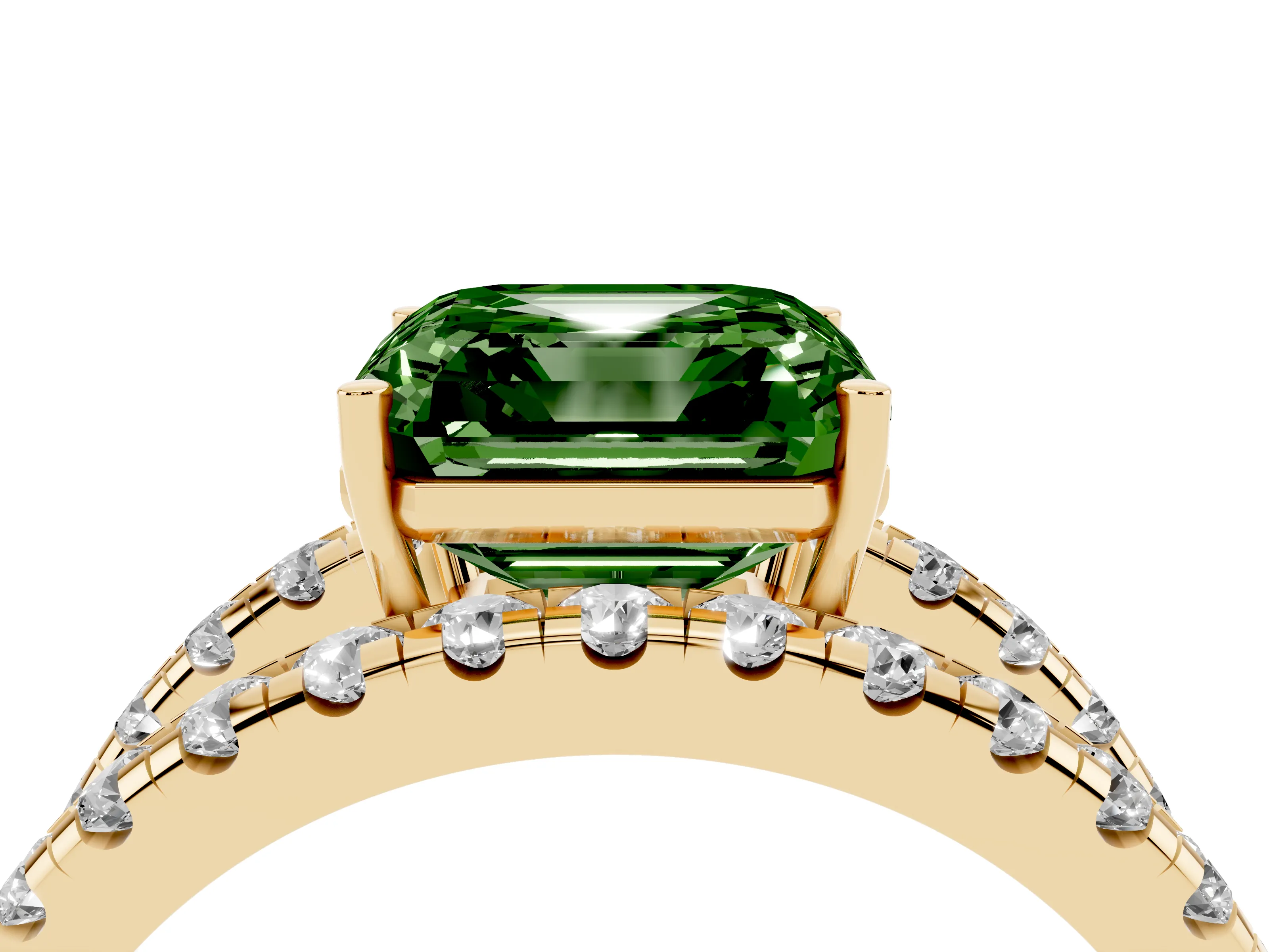 Fancy Green Asscher Cut Diamond Split Shank Pavé Solitaire Ring Set in Yellow gold with Open Shank Design