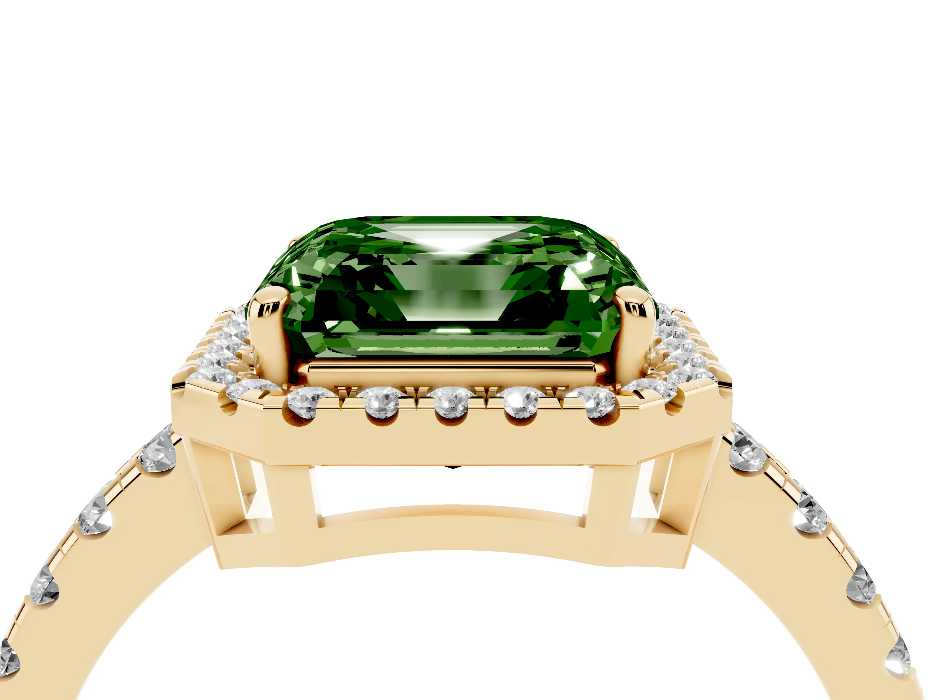 Fancy Green Asscher Cut Diamond Halo Ring Set in Yellow gold with Delicate Pavé Band and Prong Setting