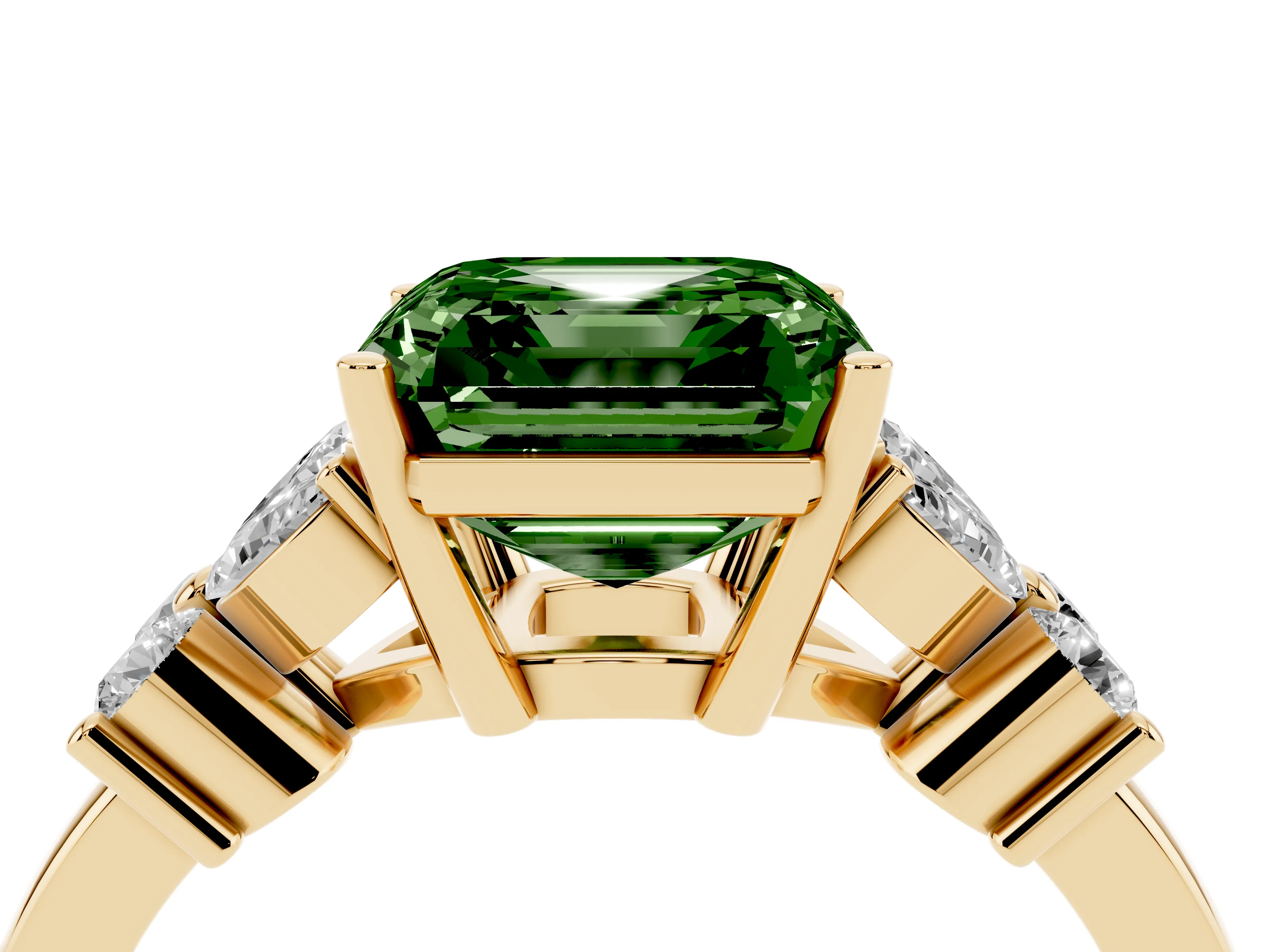 Fancy Green Asscher Cut Diamond Floral Cluster Ring Set in Yellow gold with Marquise Petals and Prong Setting