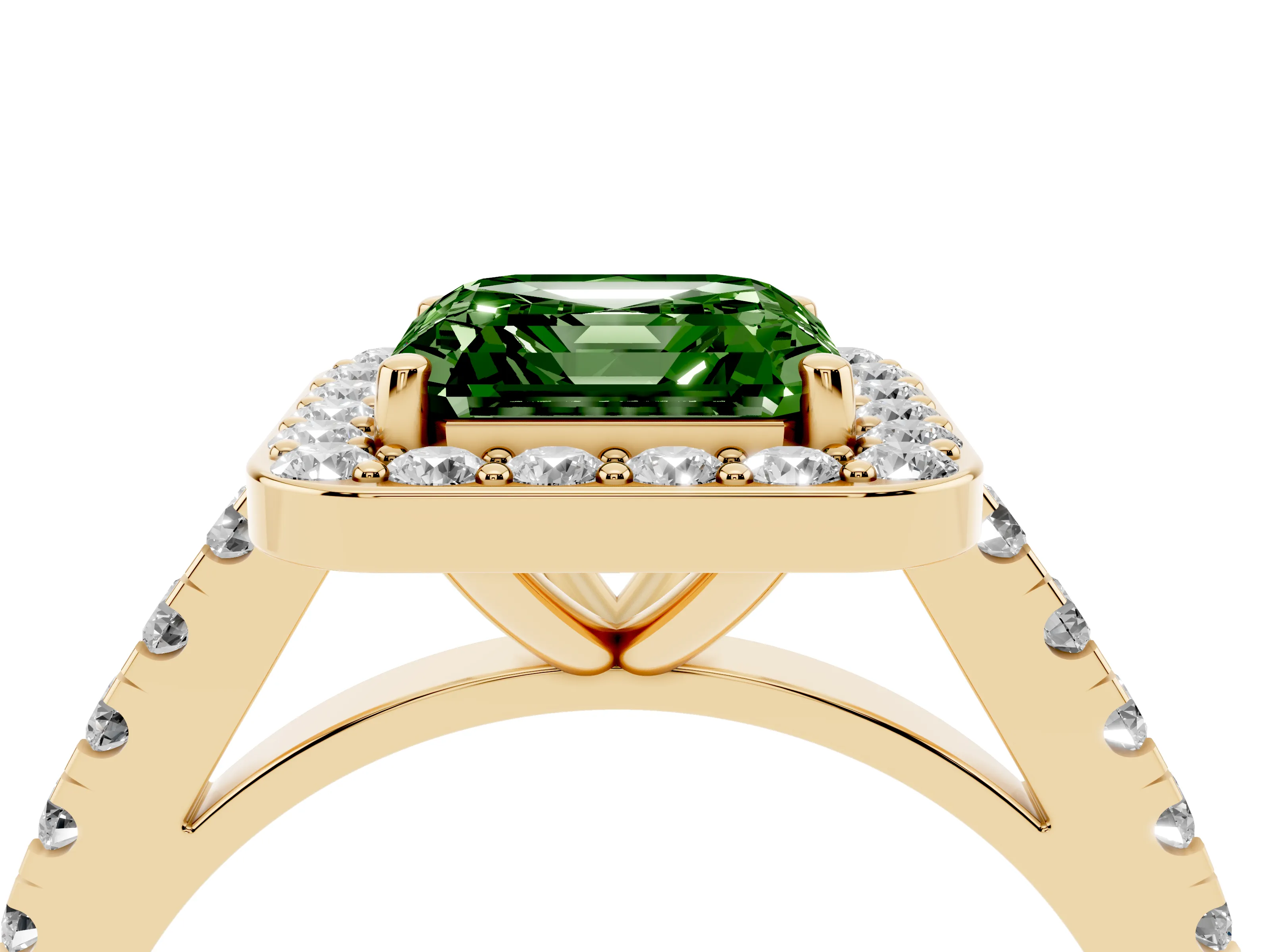 Fancy Green Asscher Cut Diamond Halo Ring Set in Yellow gold with Round Pavé Split Shank and Prong Setting