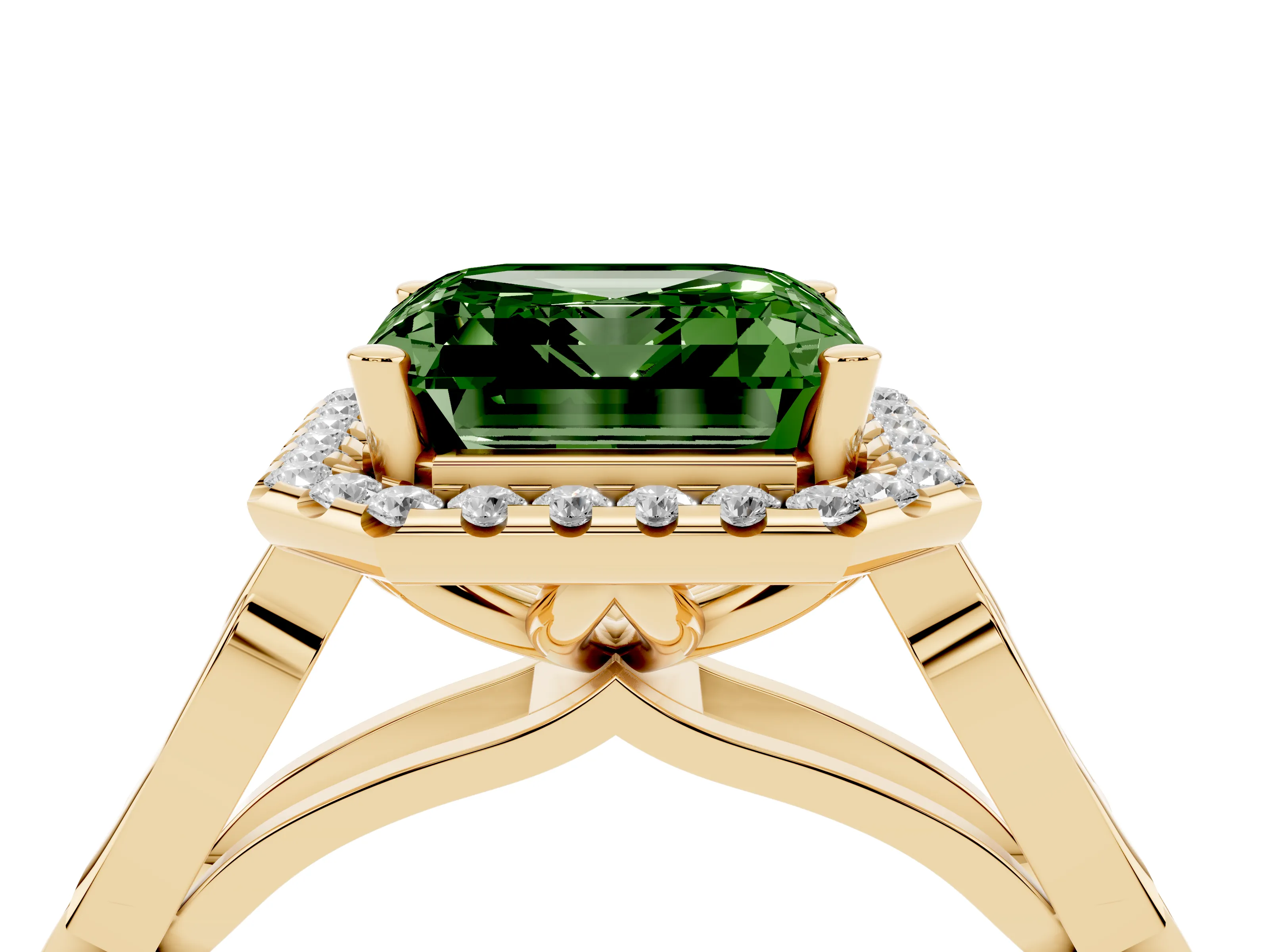 Fancy Green Asscher Cut Diamond Halo Engagement Ring Set in Yellow gold with Filigree Band and Prong-Set Center