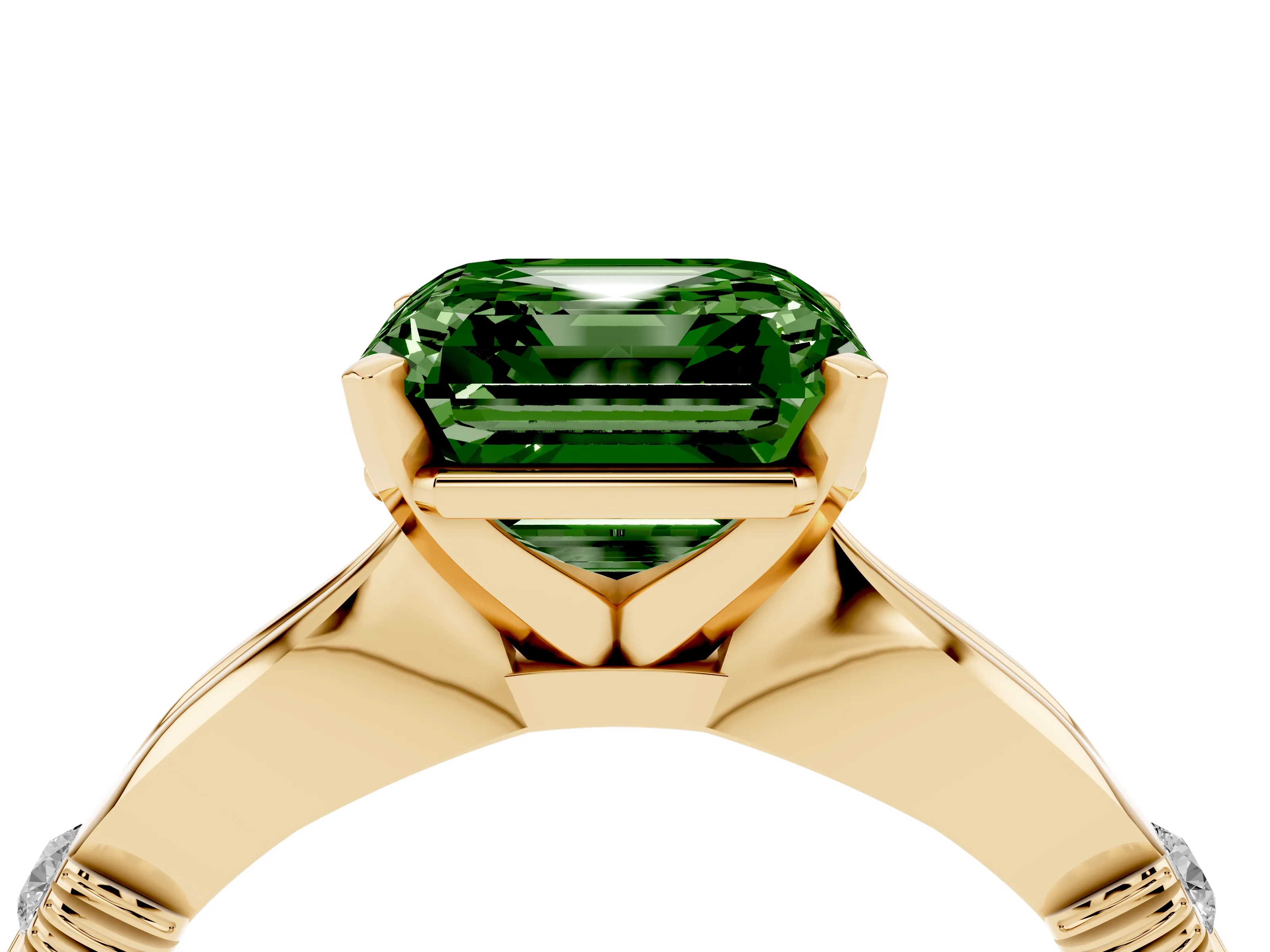 Fancy Green Asscher Cut Diamond Solitaire Twisted Band Ring Set in Yellow gold with Accent Stones and Prong Setting