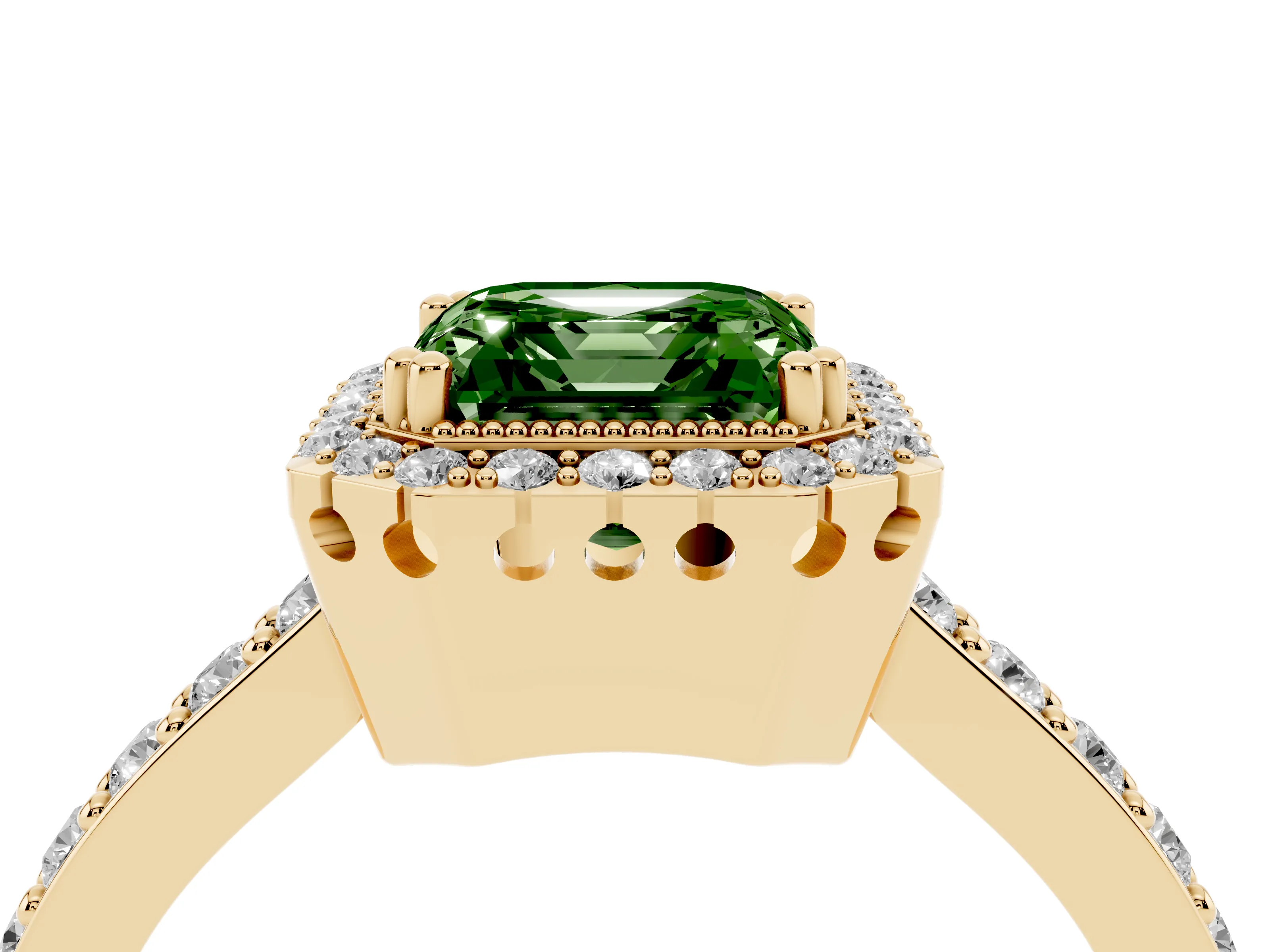 Fancy Green Asscher Cut Diamond Halo Engagement Ring Set in Yellow gold with Milgrain Detail and Pavé Band
