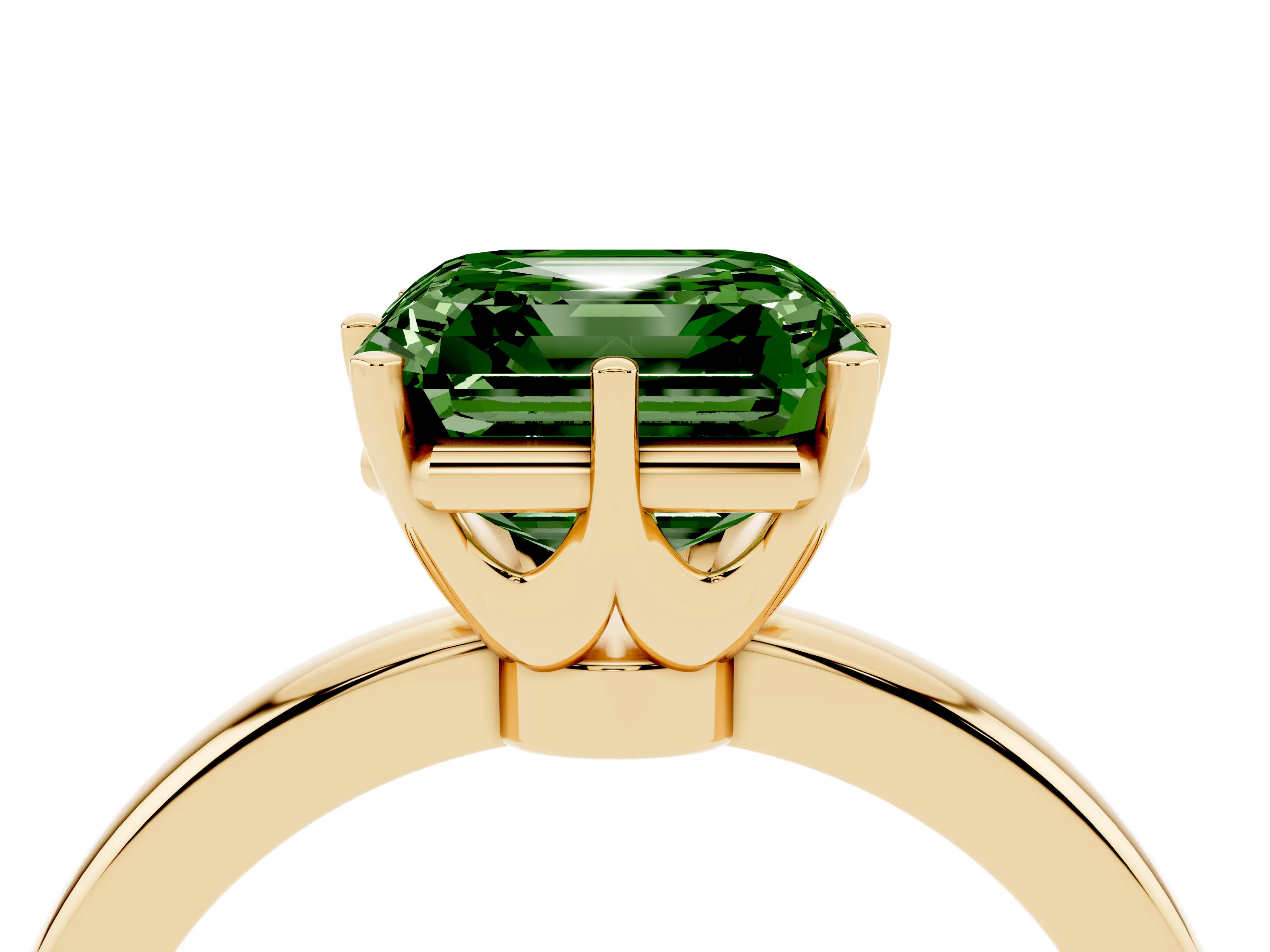 Fancy Green Asscher Cut Diamond Solitaire Ring Set in Yellow gold with Raised Prong Setting on a Classic Band