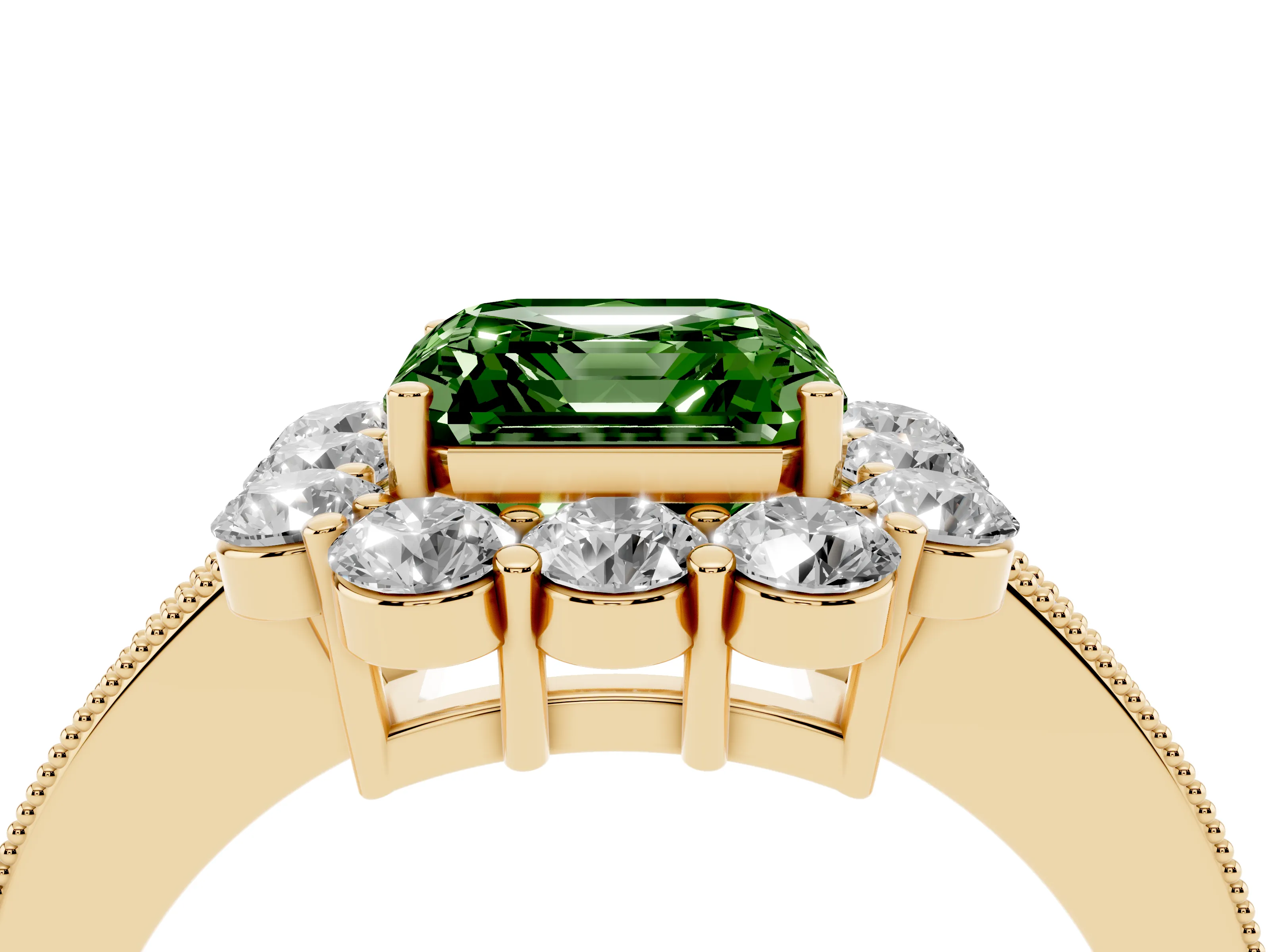Fancy Green Asscher Cut Diamond Halo Pavé Engagement Ring Set in Yellow gold with Milgrain Detailing