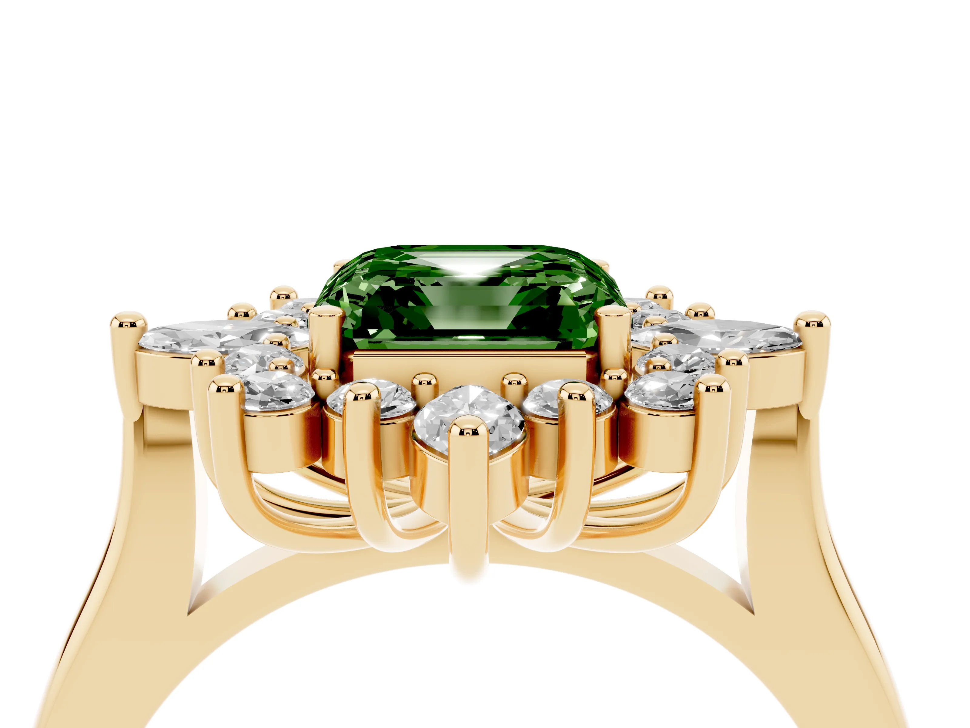 Fancy Green Asscher Cut Diamond Cluster Halo Ring Set in Yellow gold with Marquise and Round Accents