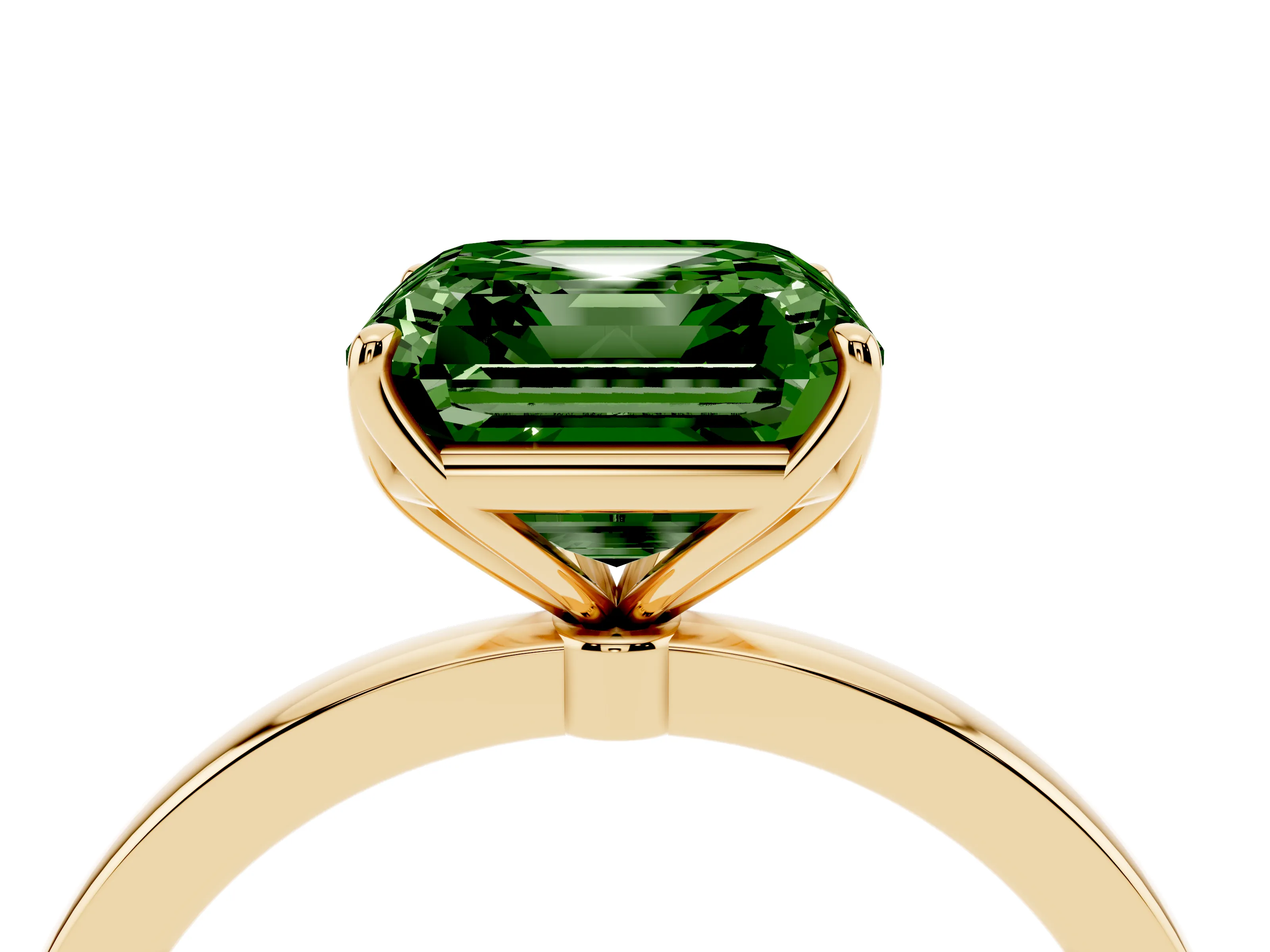 Fancy Green Asscher Cut Diamond Solitaire Ring Set in Yellow gold with Prong Setting and Thin Polished Band