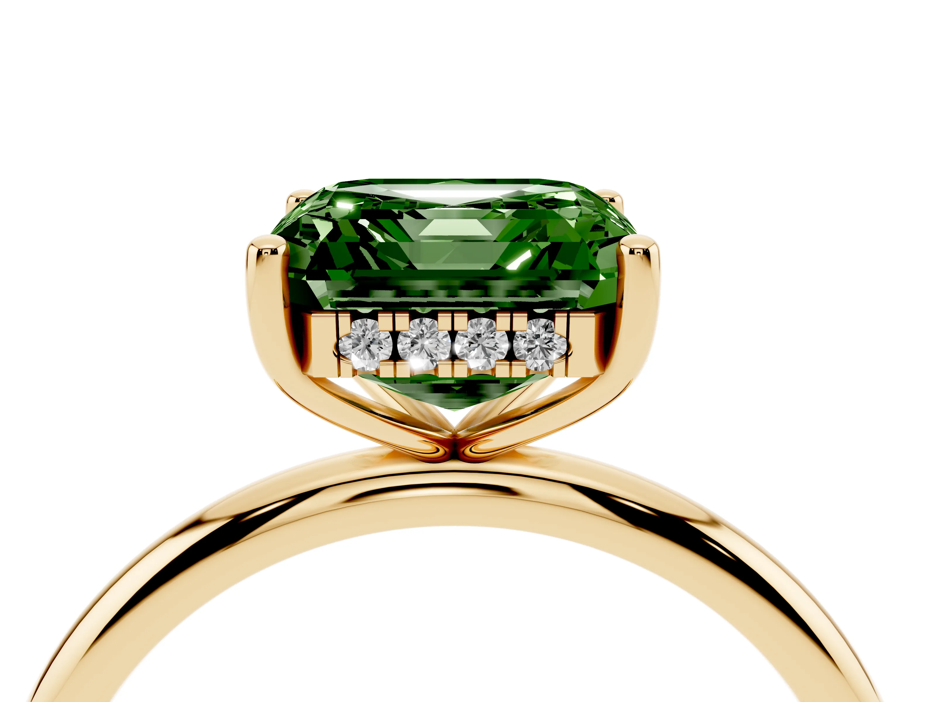 Fancy Green Asscher Cut Diamond Solitaire Engagement Ring Set in Yellow gold with Prong Setting and Polished Band