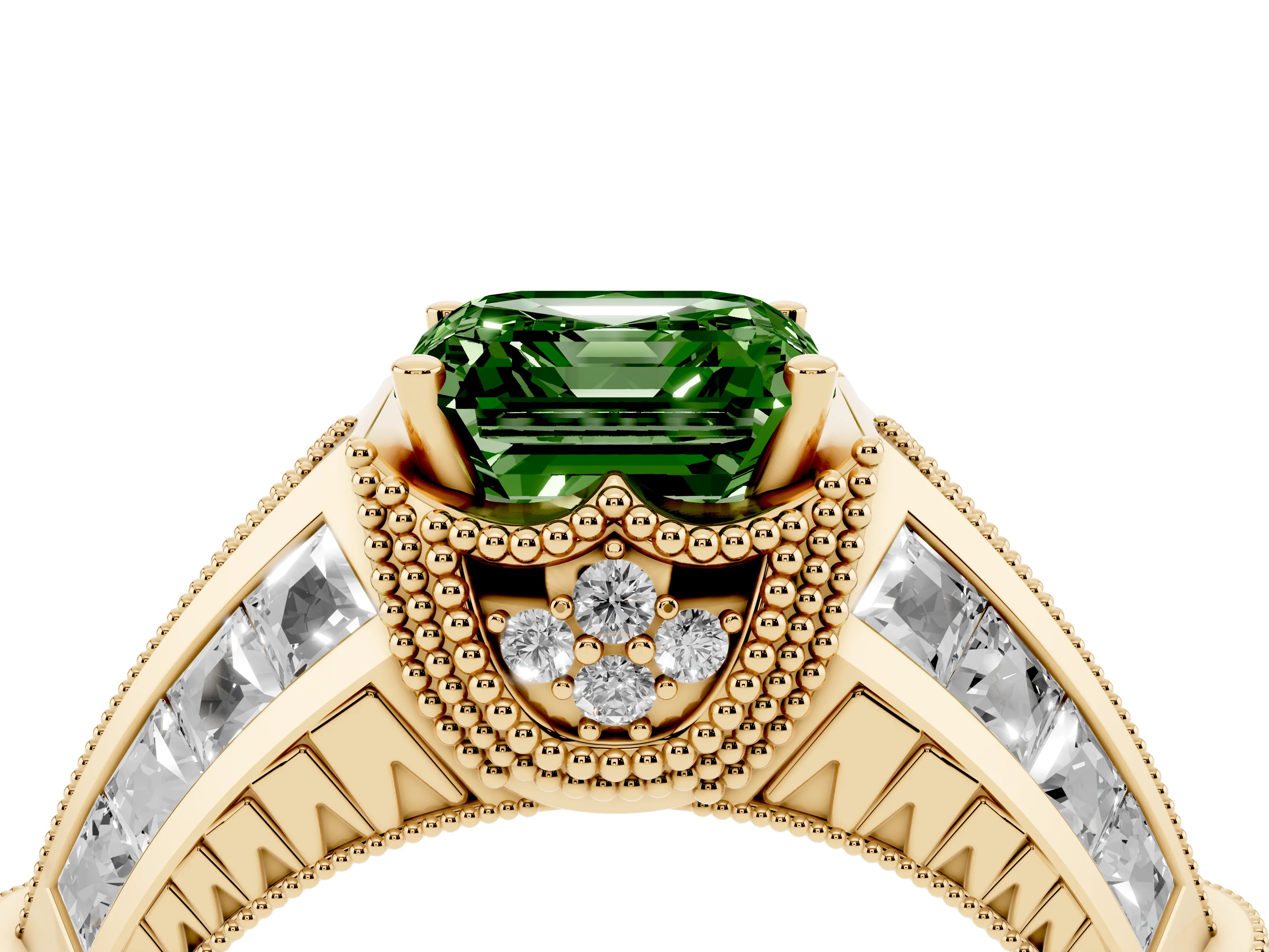 Fancy Green Asscher Cut Diamond Vintage-Inspired Milgrain Ring Set in Yellow gold with Accent Split Shank