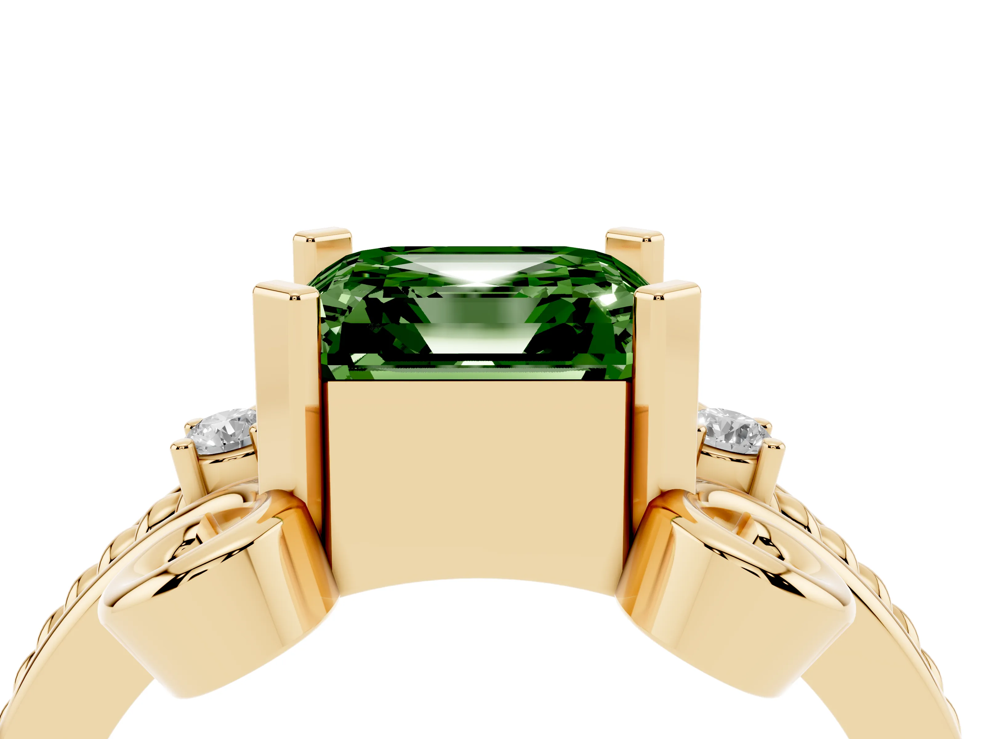 Fancy Green Asscher Cut Diamond Twisted Band Solitaire Ring Set in Yellow gold with Scroll Prongs