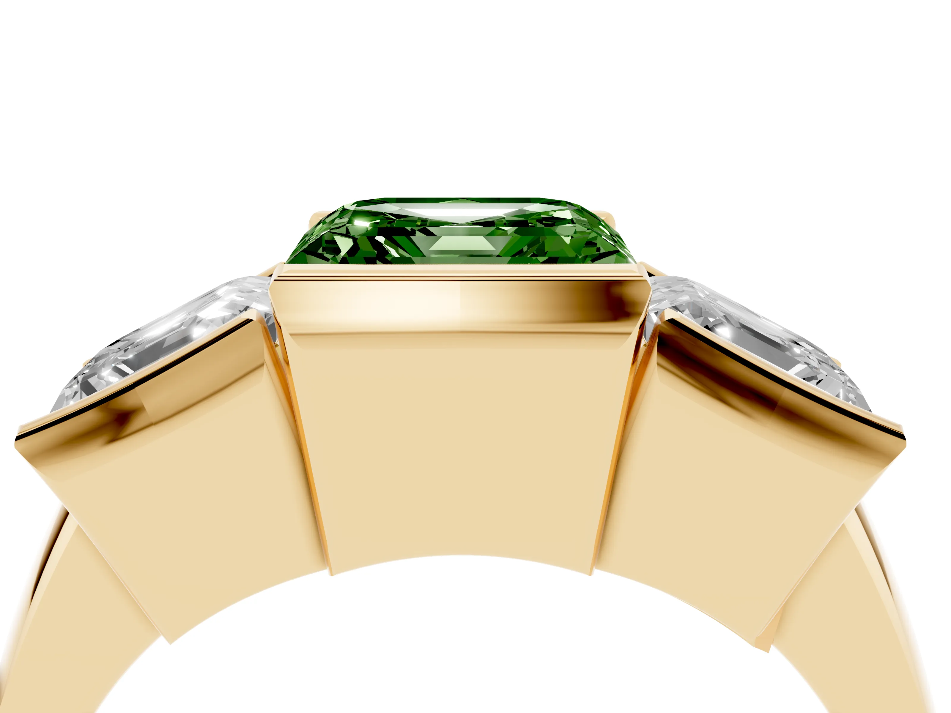 Fancy Green Asscher Cut Diamond Three-Stone Channel Set Ring Set in Yellow gold with Smooth Polished Band
