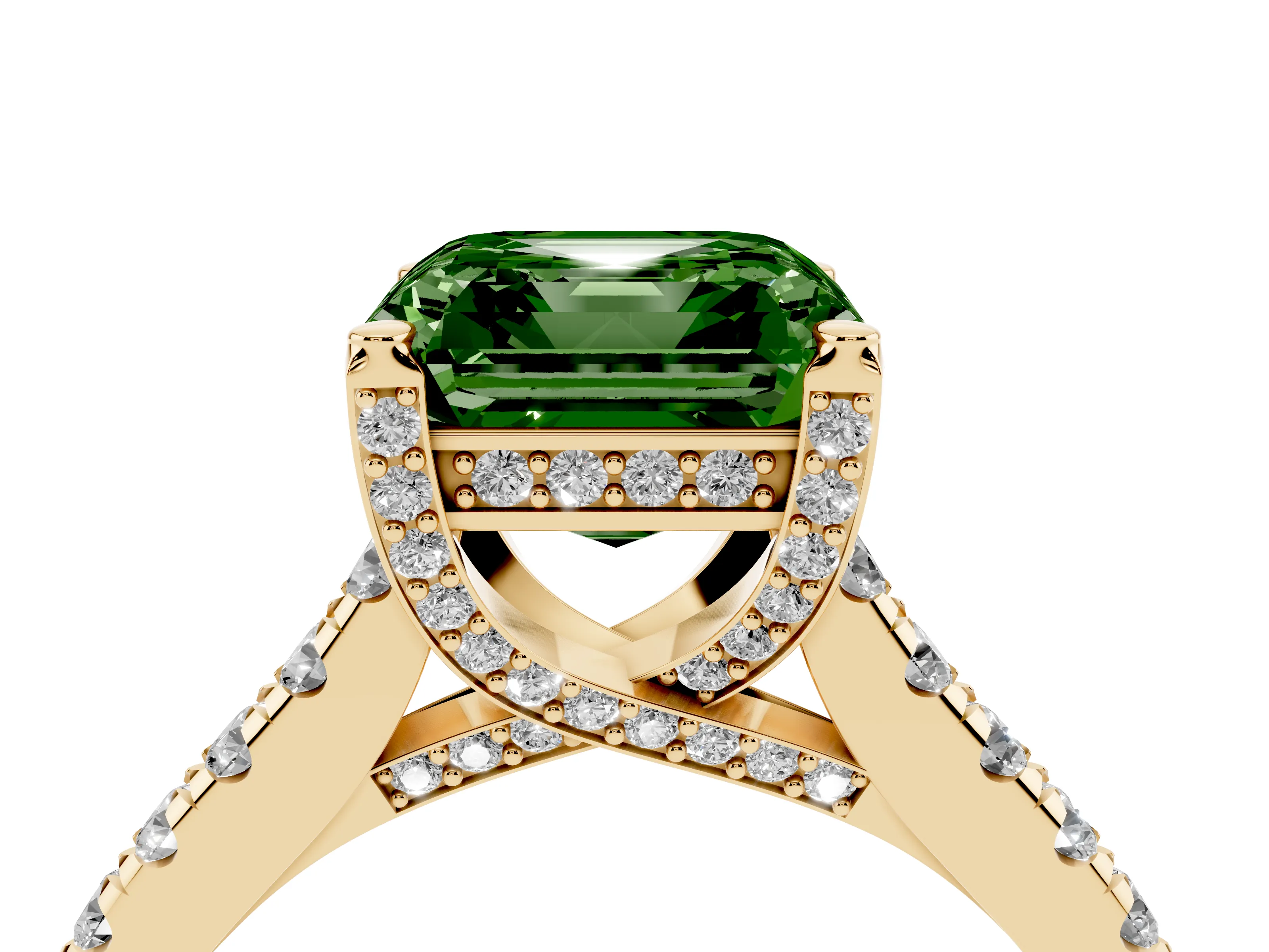 Fancy Green Asscher Cut Diamond Solitaire Ring Set in Yellow gold with Brilliant Pavé Band and Prong Setting