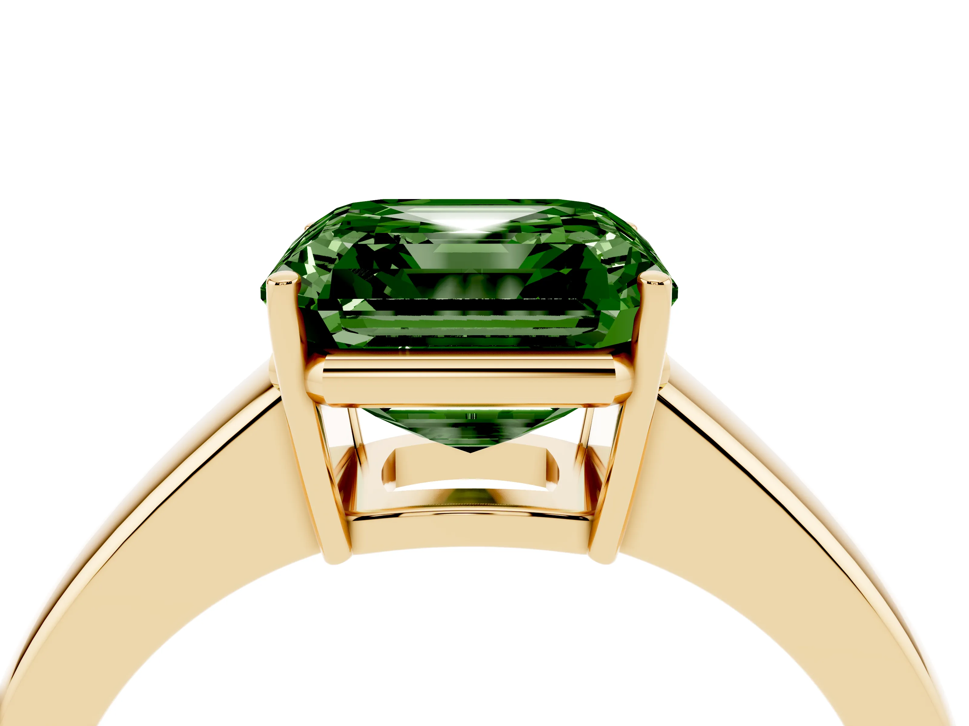 Fancy Green Asscher Cut Diamond Solitaire Ring Set in Yellow gold with Tapered Band and Prong Setting