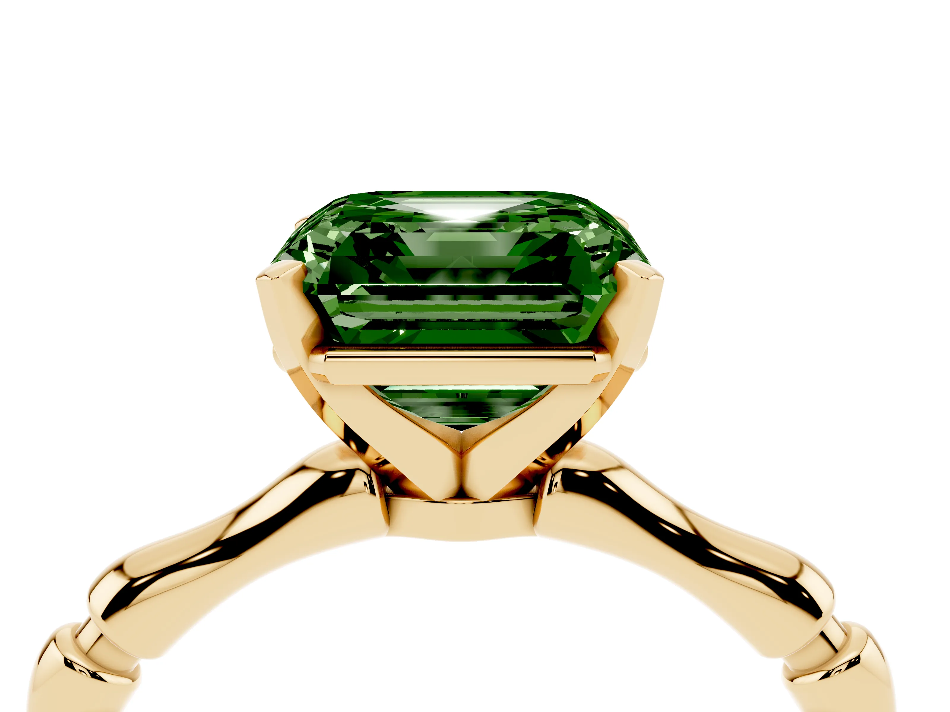 Fancy Green Asscher Cut Diamond Solitaire Ring Set in Yellow gold with Bamboo Band and Prong Setting