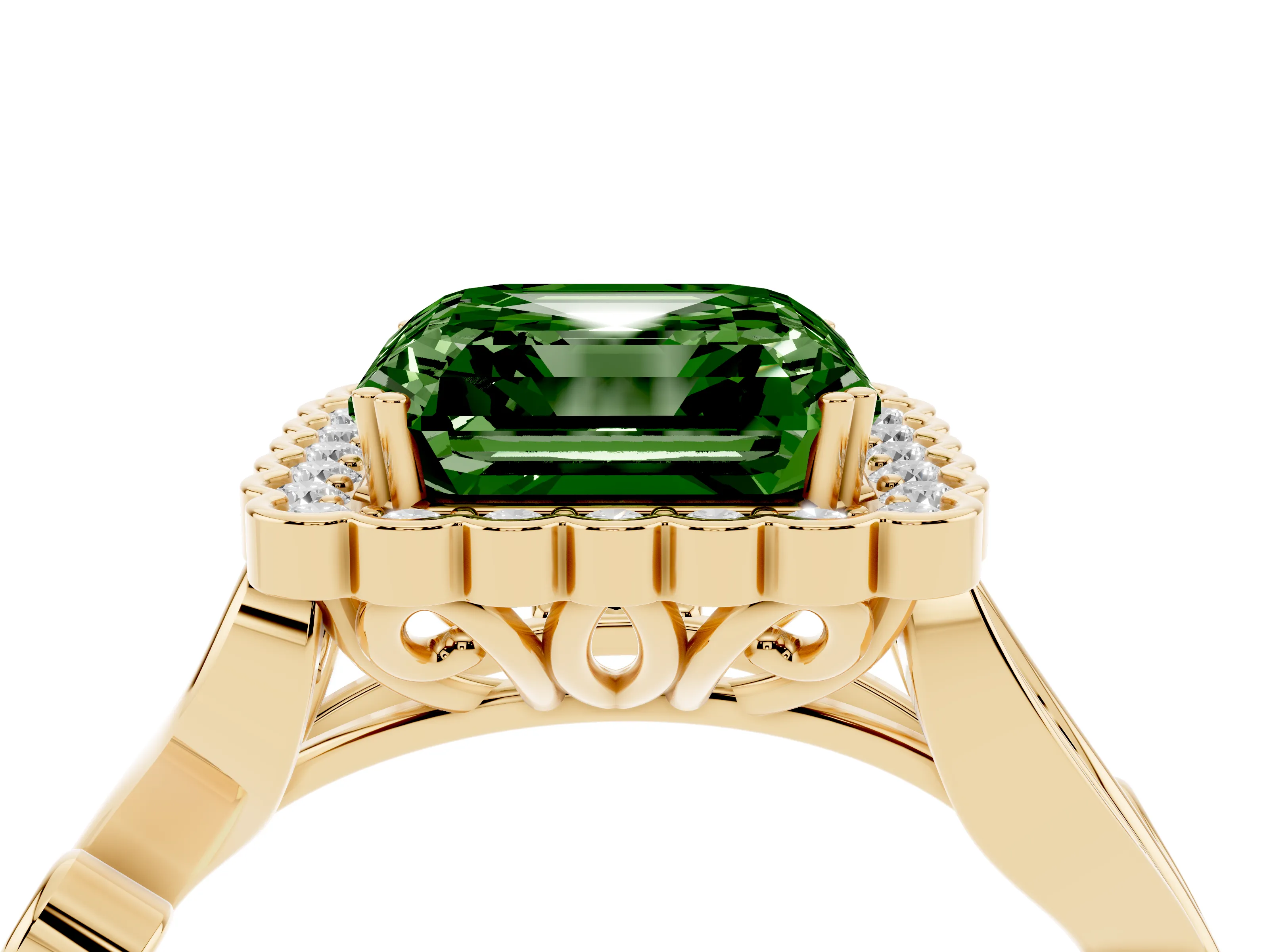 Fancy Green Asscher Cut Diamond Halo Ring Set in Yellow gold with Leaf Motif Split Shank and Prong Setting