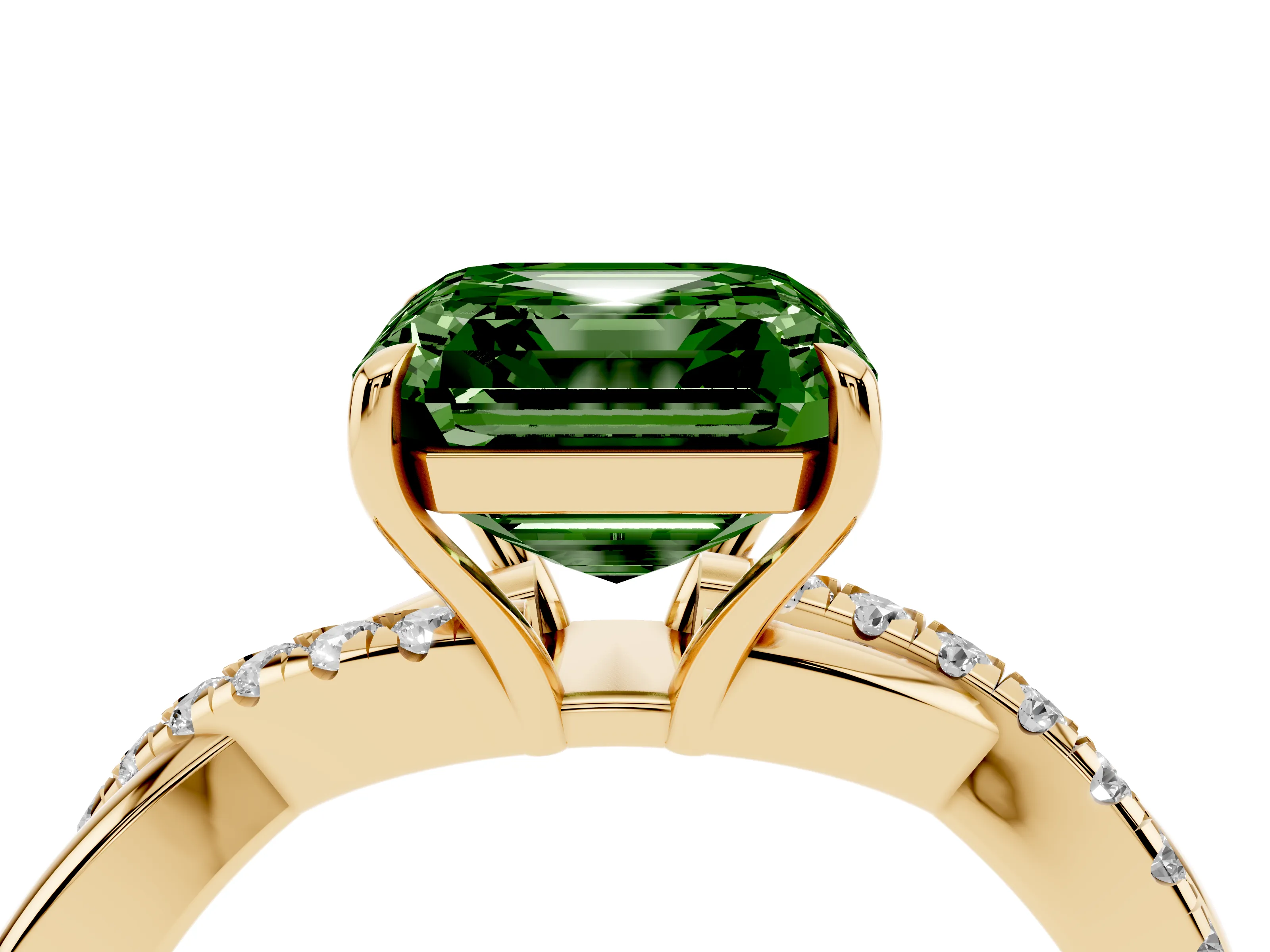 Fancy Green Asscher Cut Diamond Twisted Pavé Band Ring Set in Yellow gold with Prong Setting