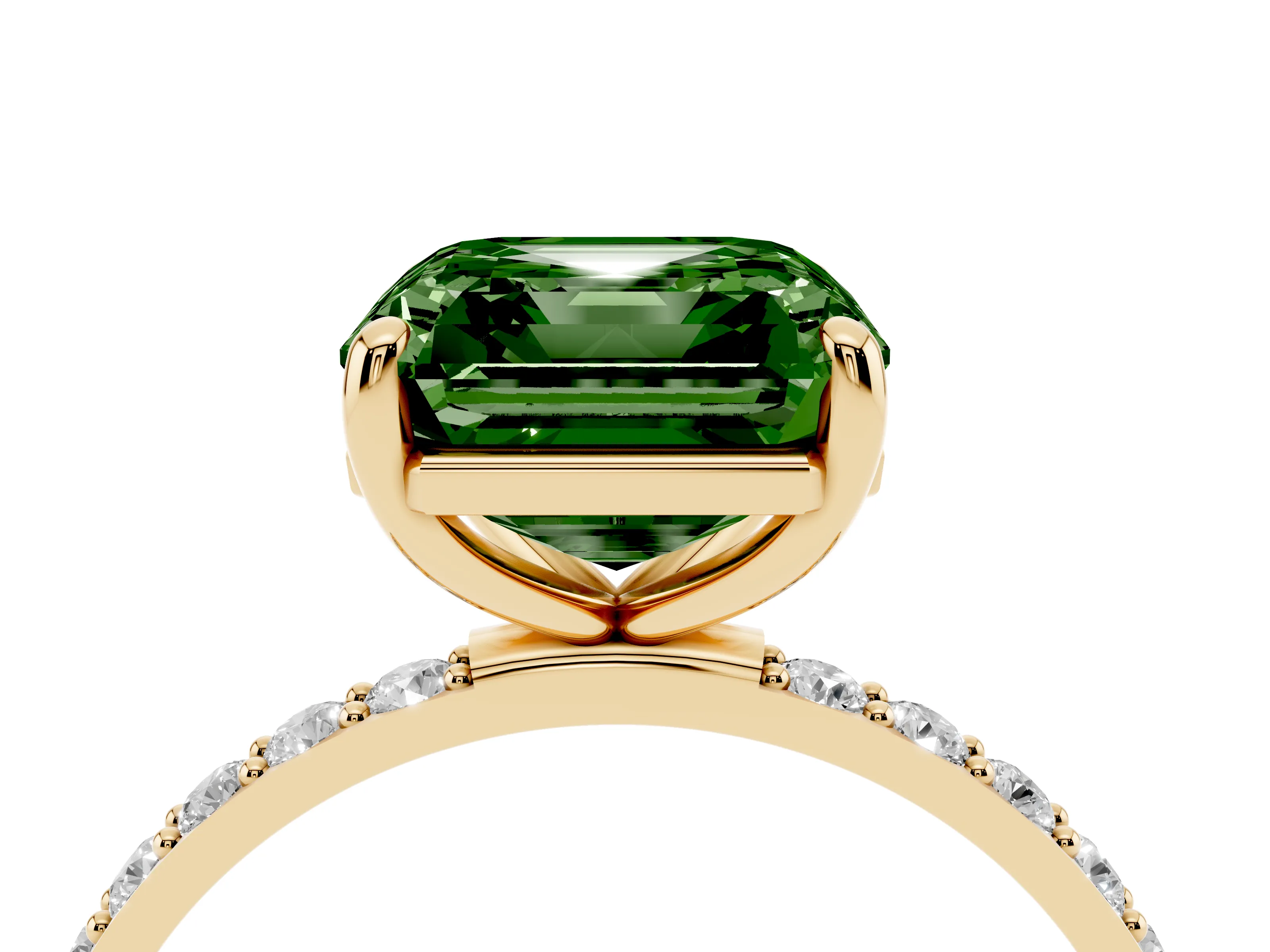 Fancy Green Asscher Cut Diamond Solitaire Ring Set in Yellow gold with Round Pavé Band and Prong Setting