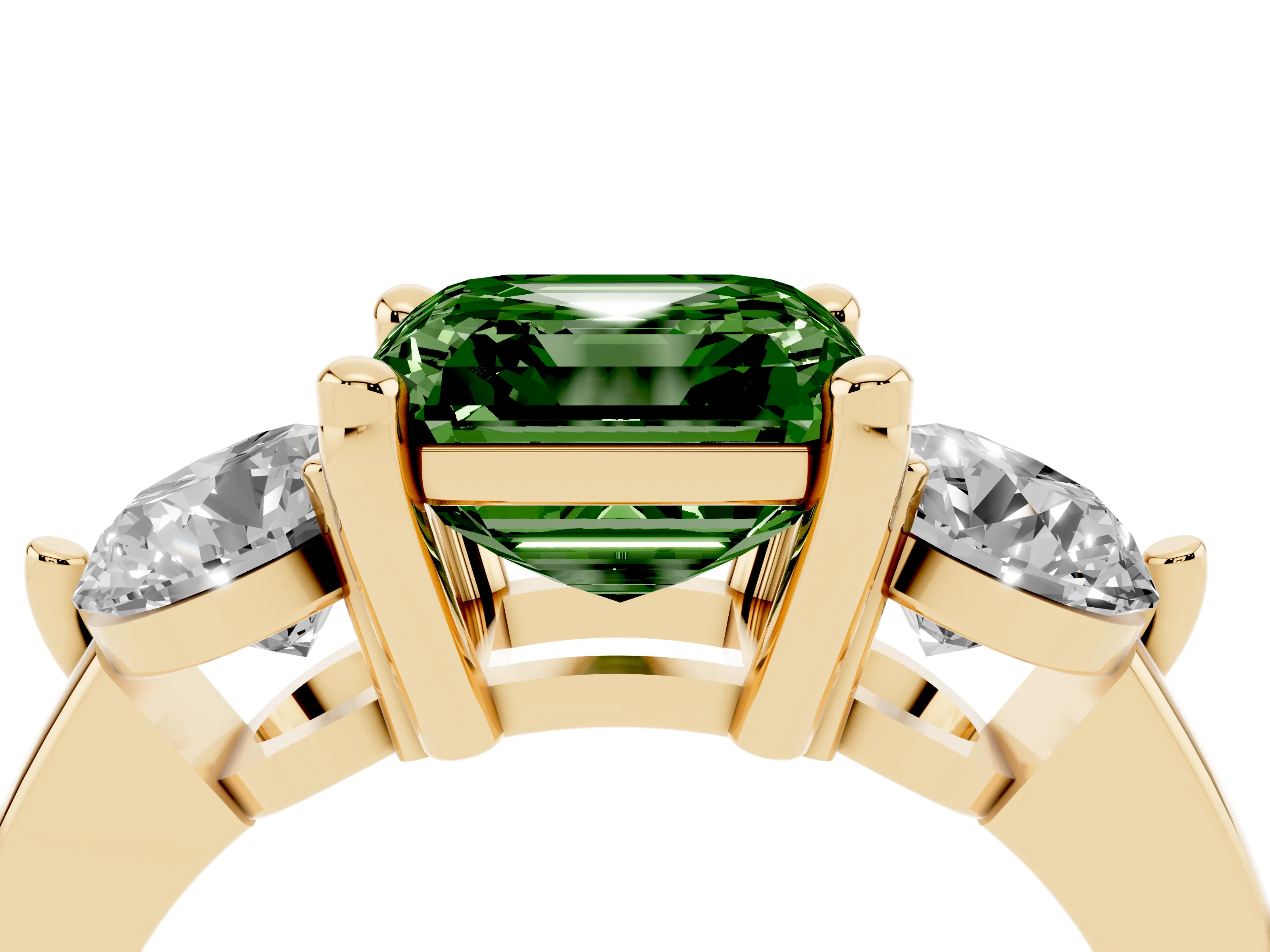 Fancy Green Asscher Cut Diamond Three-Stone Ring Set in Yellow gold with Prong Setting and Classic Band