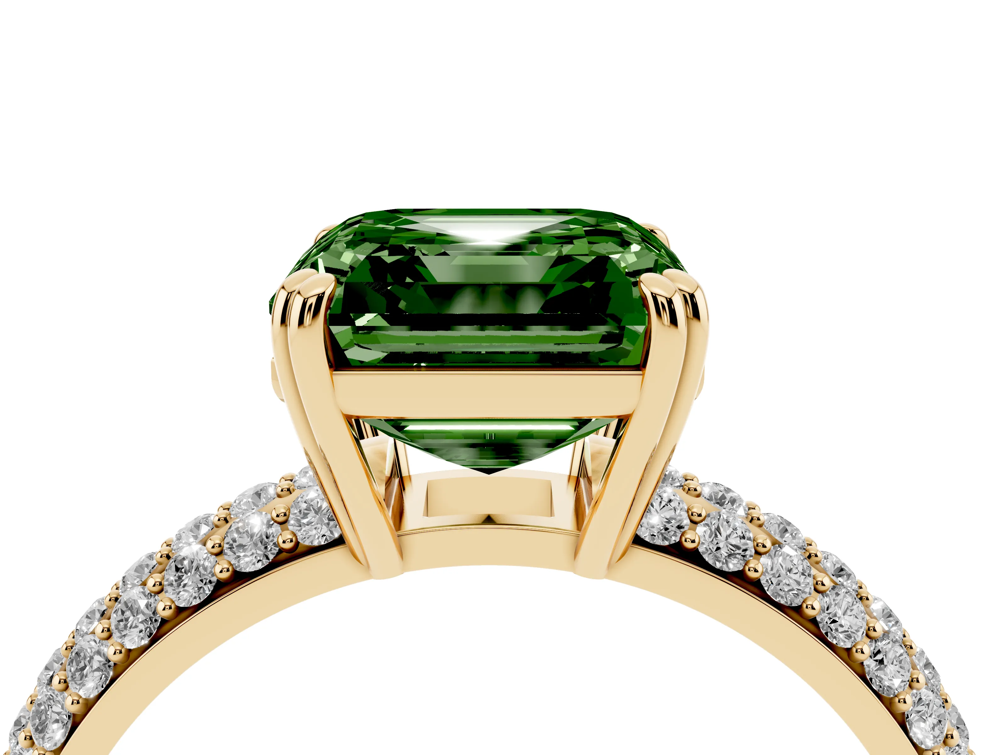 Fancy Green Asscher Cut Diamond Solitaire Ring Set in Yellow gold with Multi-Row Round Pavé Band and Prong Setting